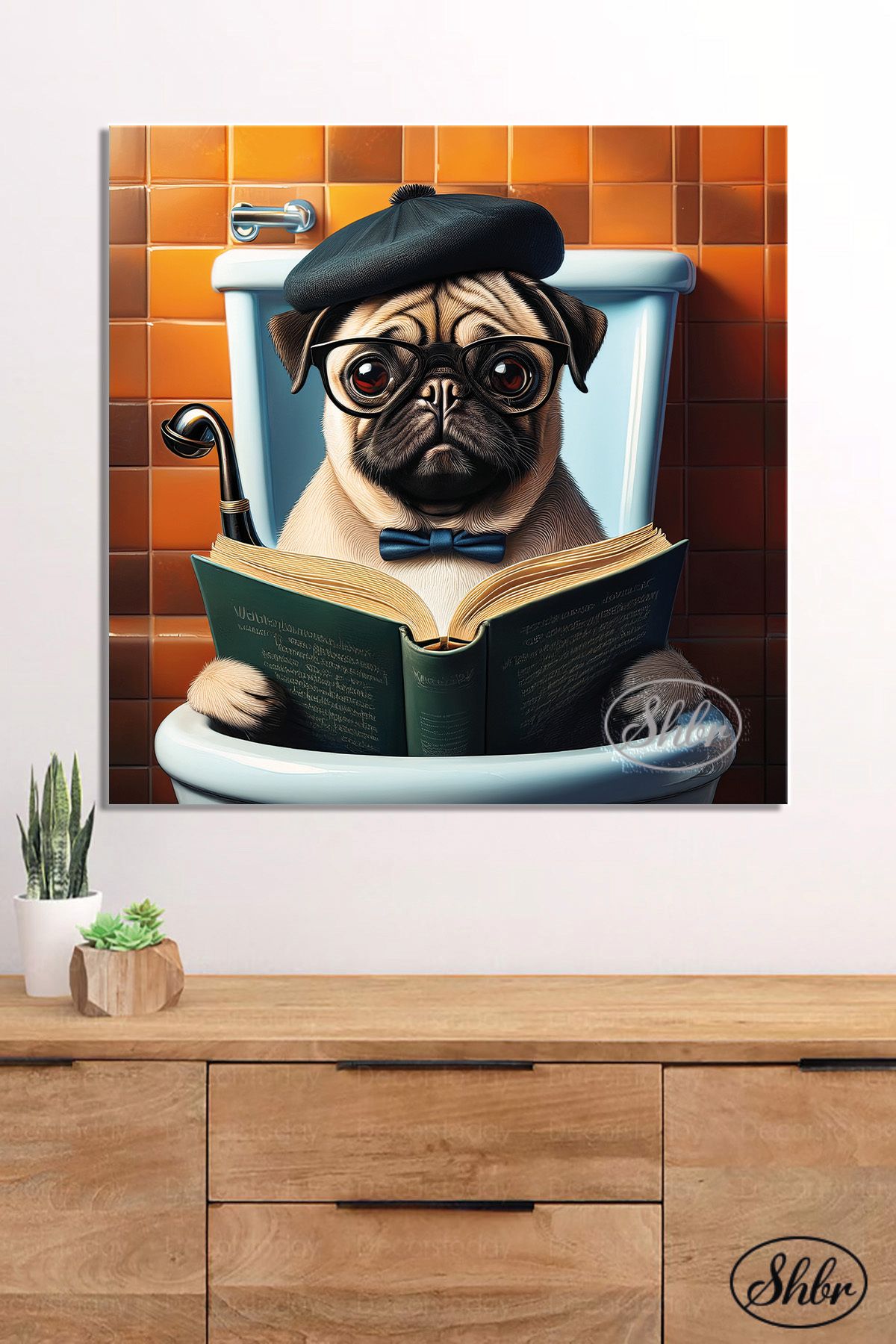 Şehber Tekli Kare Kanvas Dekoratif Duvar Tablosu , Pug, Tuvalette Kitap Okuyan Köpek,