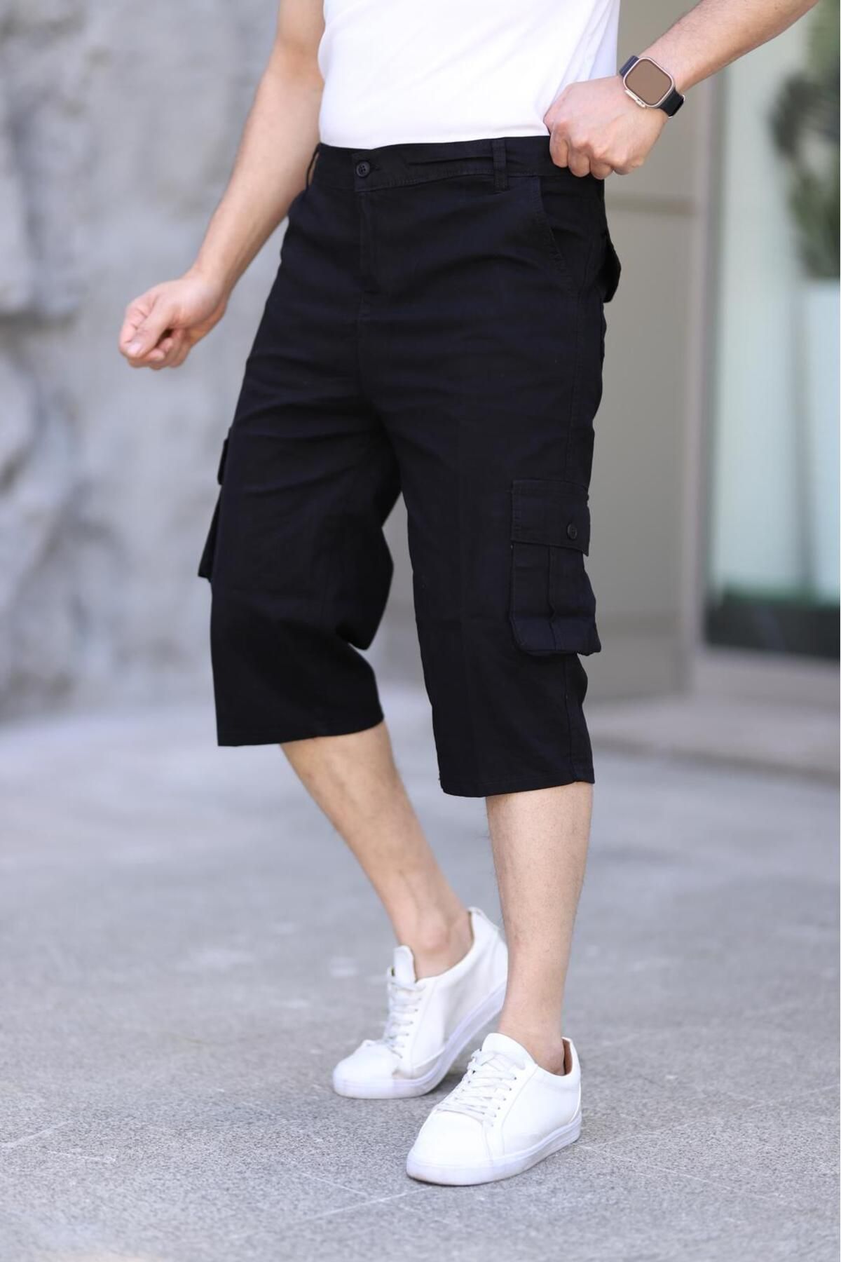 XORVİO Erkek Slim Fit Kapri Likralı Gabardin Diz Altı Yandan Cepli Bermuda
