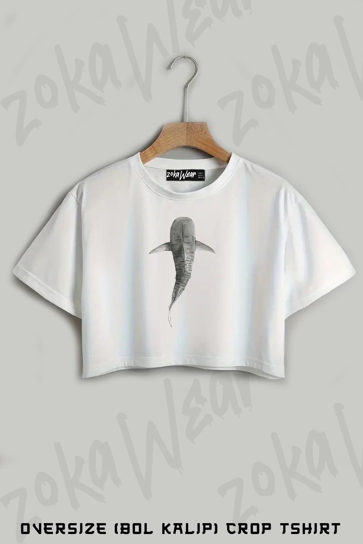ZOKAWEAR Tiger Shark galeocerdo Cuvier (ABOVE) Navy Blue Baskılı Oversize Crop T-Shirt
