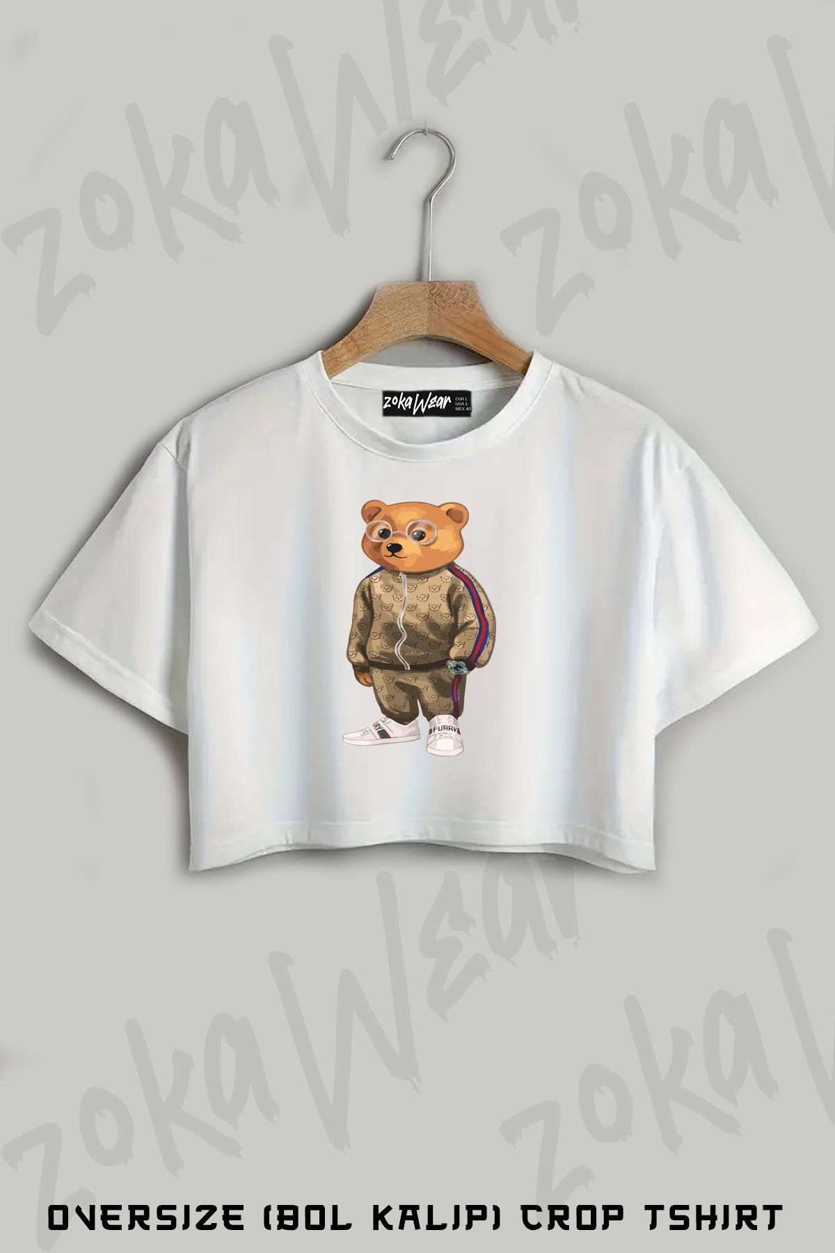 ZOKAWEAR Sporcu Brown Baron Cool Teddy Bear Baskılı Oversize Crop T-Shirt