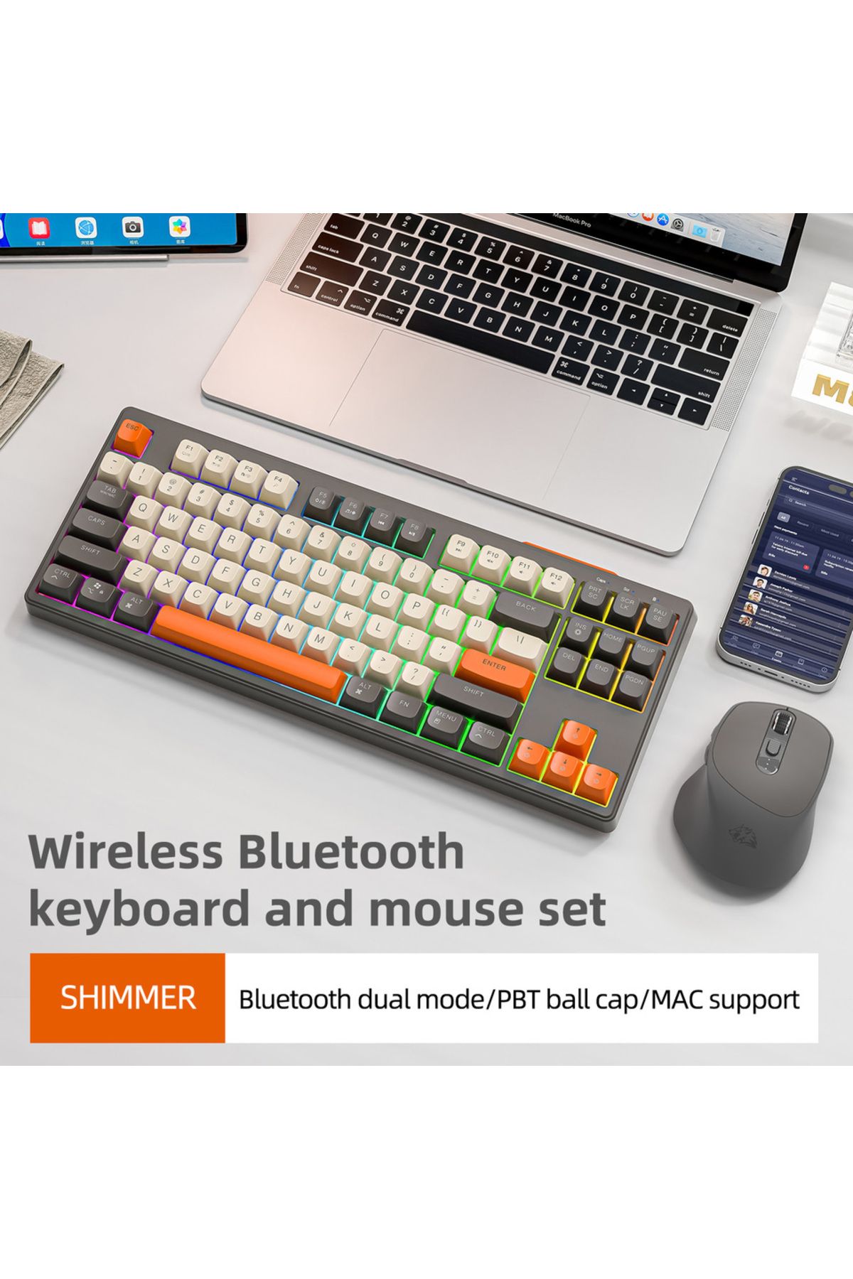Choice-Shimmer Kit M87 Wireless Keyboard, 87keys Dual Mode Bluetooth Keyboard with Rainbow-light RGB,PBT Ba 1