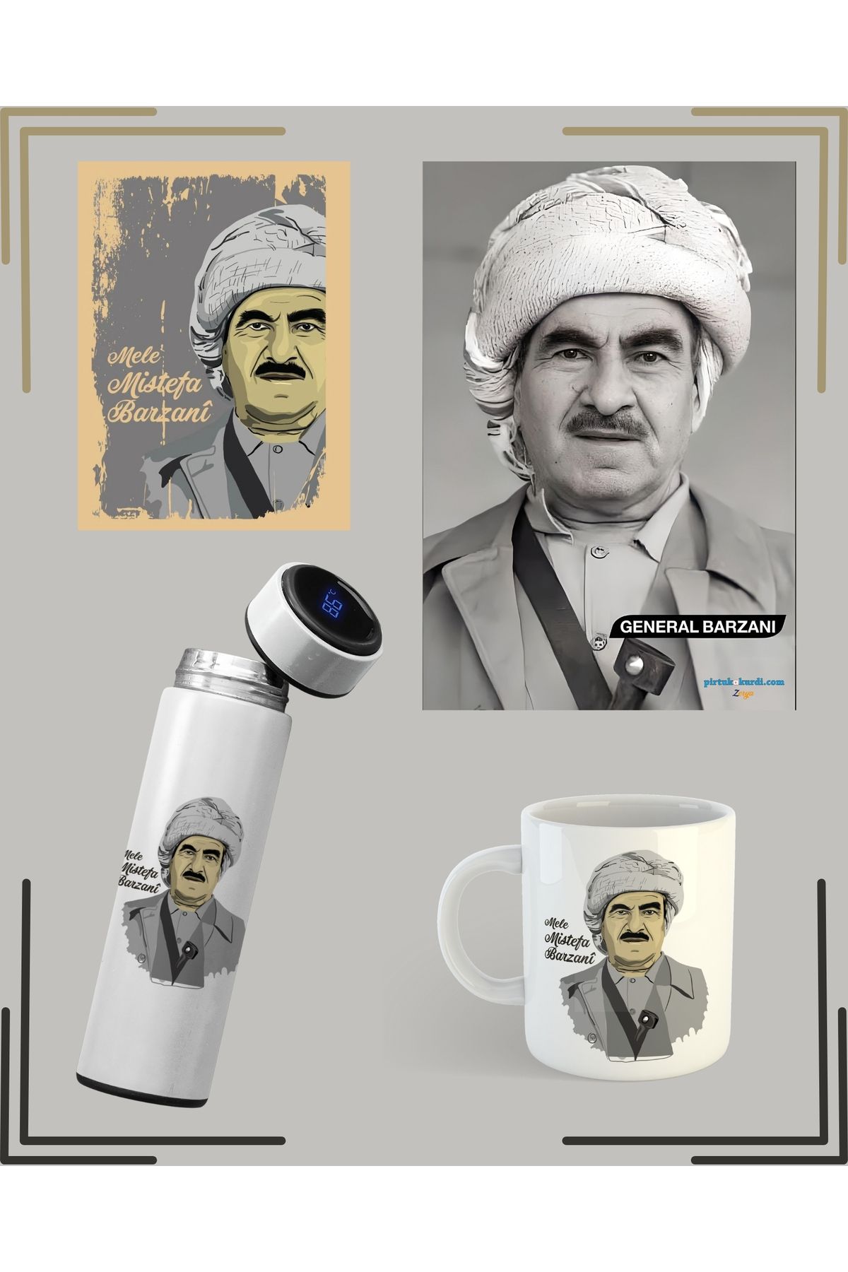 ZERYA Seta Mele Mistefa Barzani Seti - Mele Mustefa Barzani Posteri Termosu Kupası