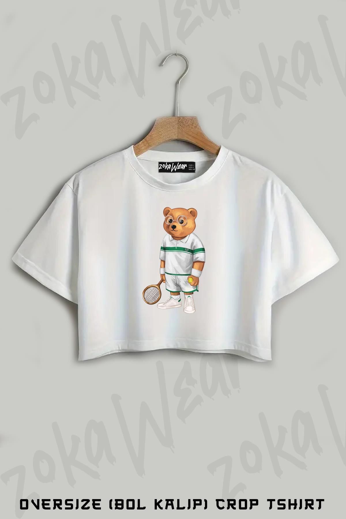 ZOKAWEAR Kort Tenis Tenisçi Ayı Teddy Baskılı Oversize Crop T-Shirt