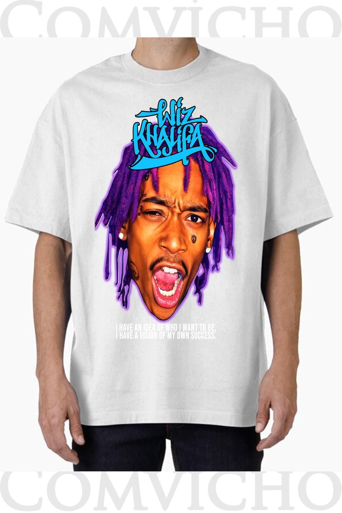 COMVİCHO Unisex wiz khalifa v3 Tasarım Baskılı Oversize Tişört
