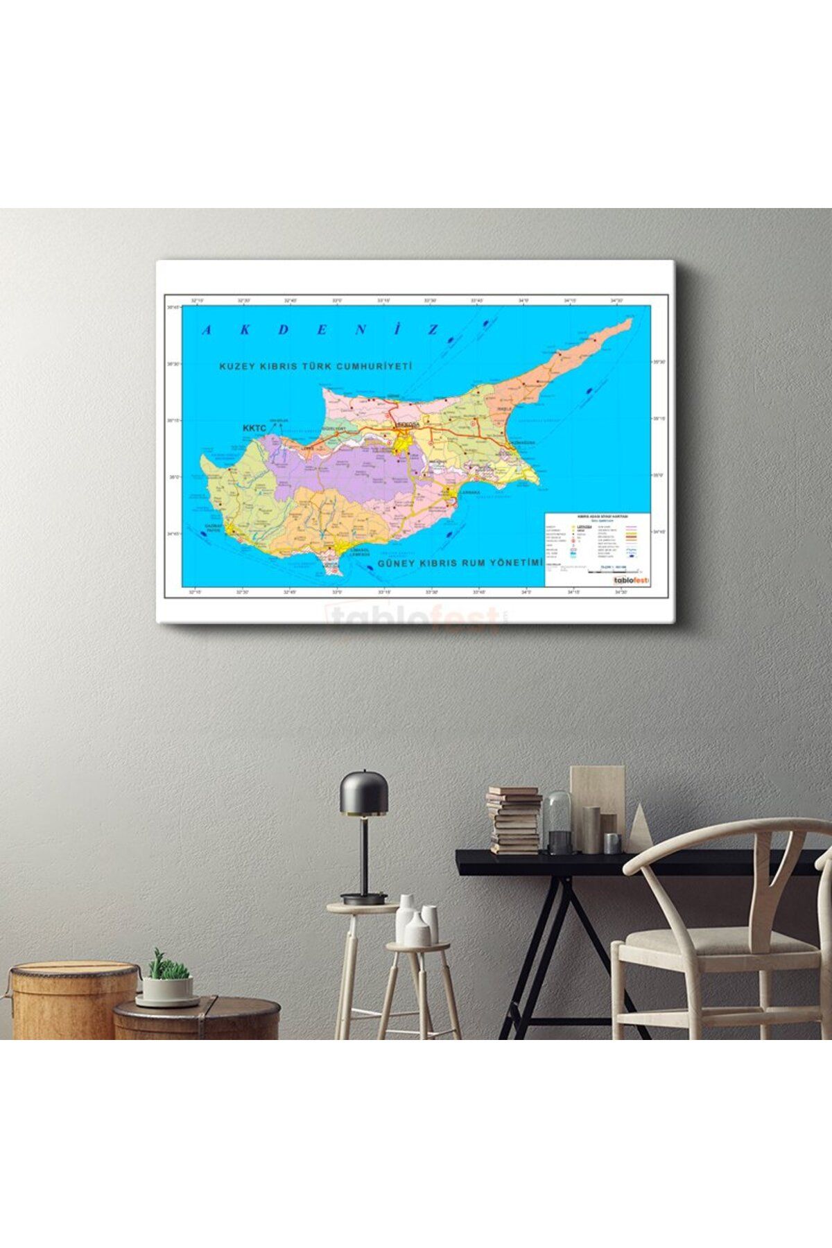 Tablofest Kıbrıs - Siyasi Haritası Kanvas Tablo