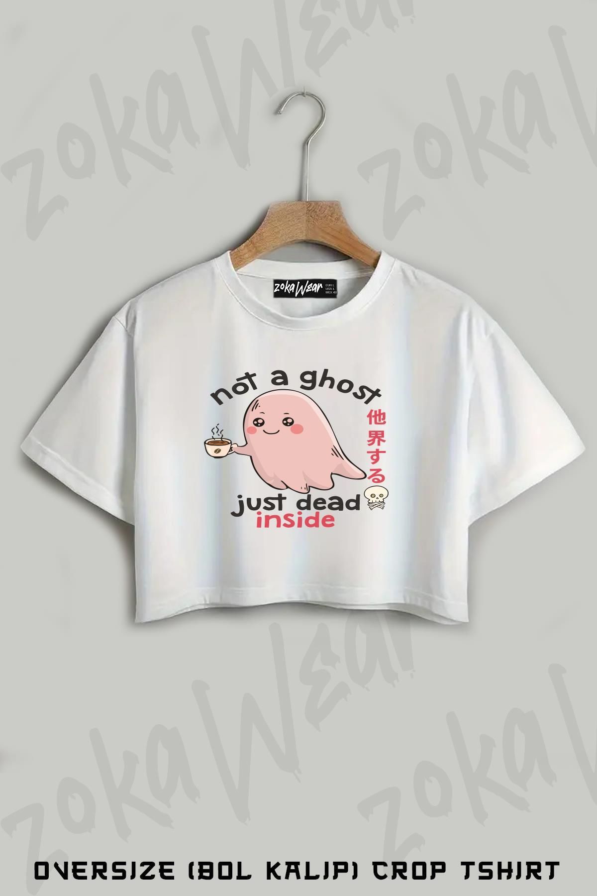 ZOKAWEAR Cute Coffee Ghost Dead Inside Pastel Goth Creepy Kawaii Baskılı Oversize Crop T-Shirt