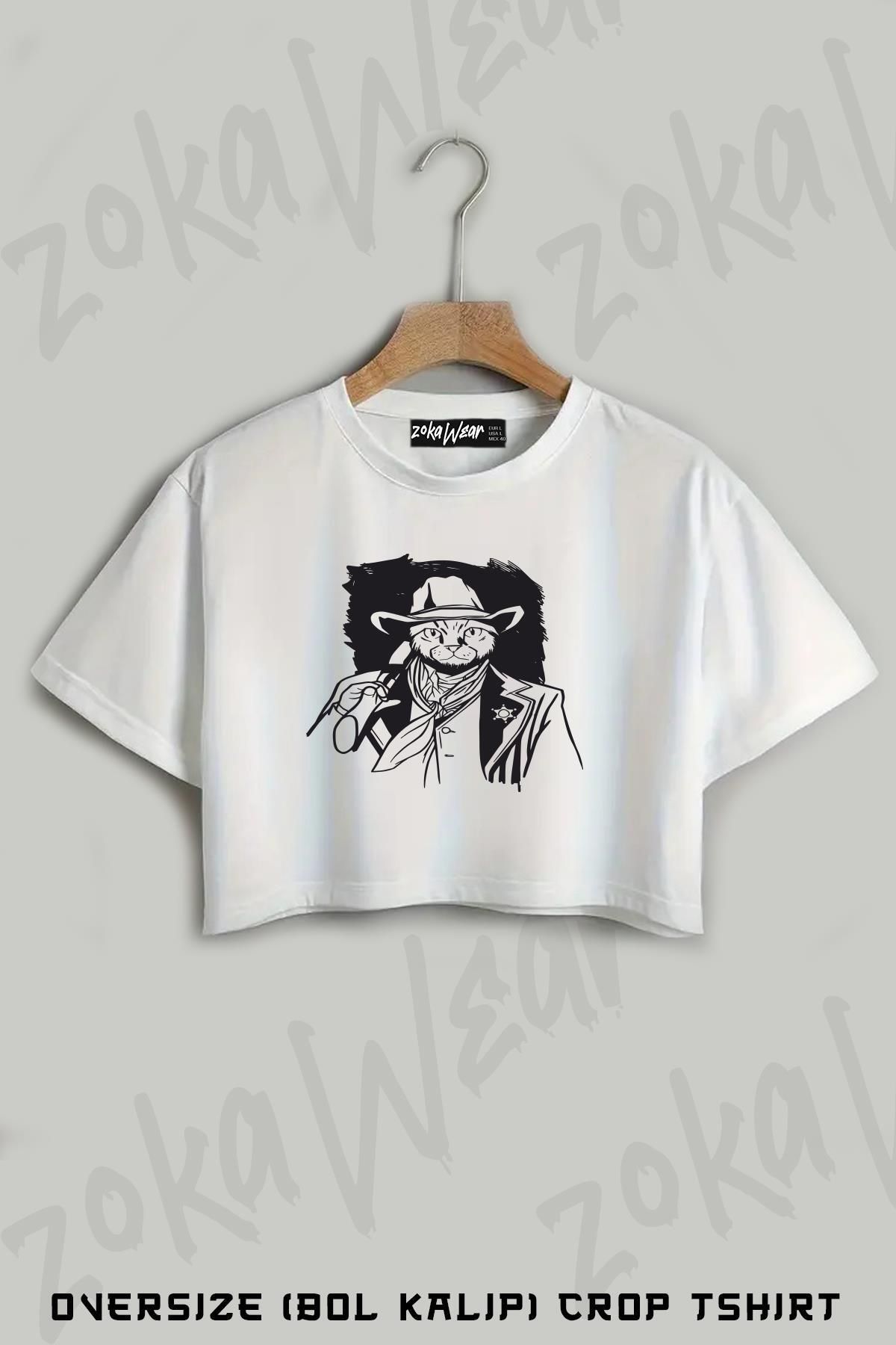 ZOKAWEAR Kovboy Kedi Baskılı Oversize Crop T-Shirt