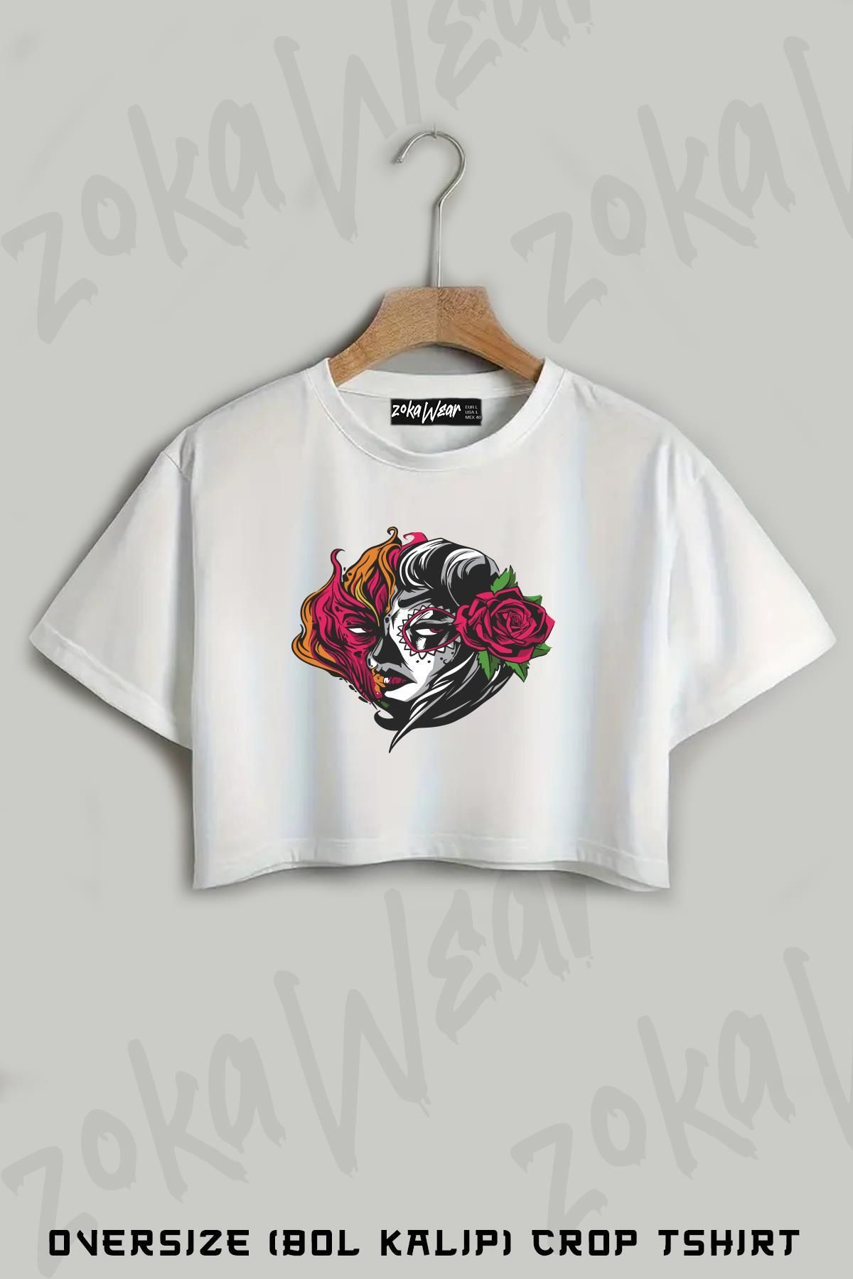 ZOKAWEAR Kadın Gül Iyi Kötü Baskılı Oversize Crop T-Shirt