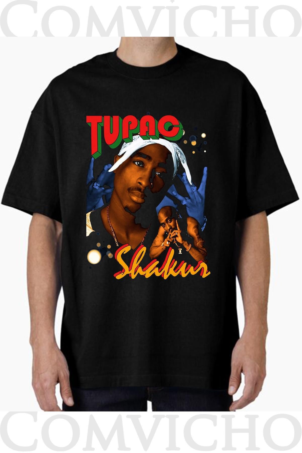 COMVİCHO Unisex tupac v10 Tasarım Baskılı Oversize Tişört