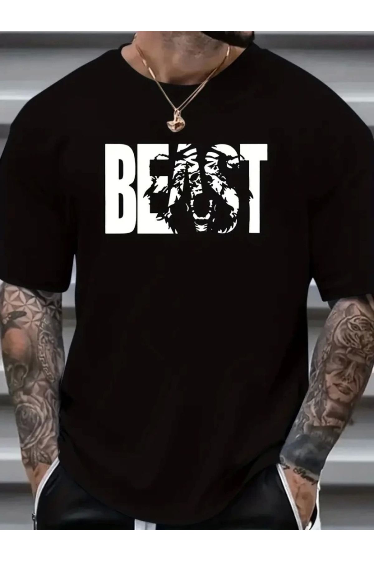Butik Baskılı Oversize Bisiklet Yaka T-shirt - Siyah