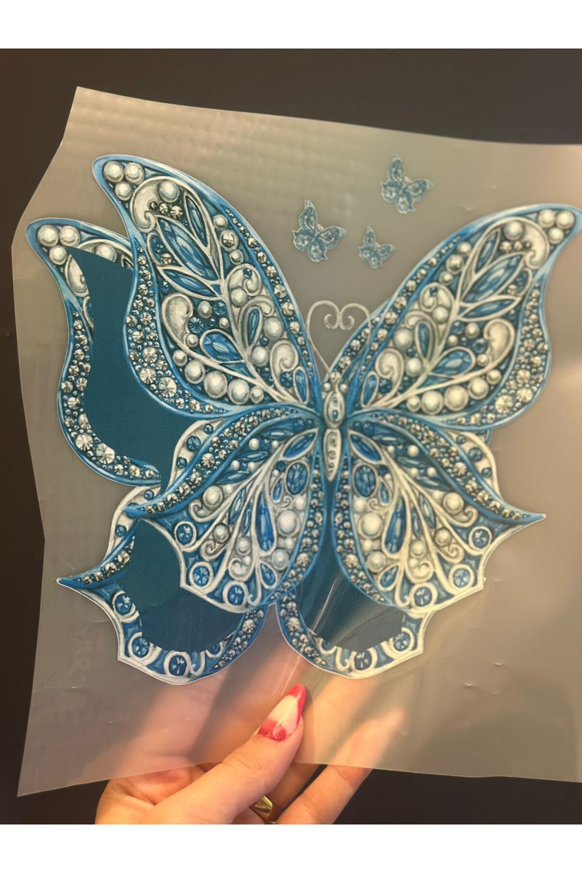 Gönülden Tasarım ÜTÜ İLE YAPIŞAN 3 BOYUTLU ETNİK KELEBEK TRANSFER BASKI ARMA 20X19 CM MAVİ