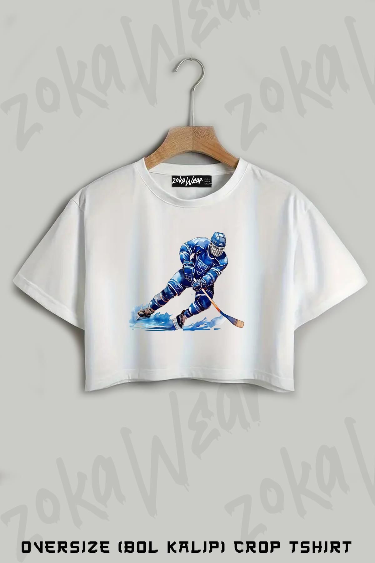ZOKAWEAR Buz hokeyi Baskılı Oversize Crop T-Shirt