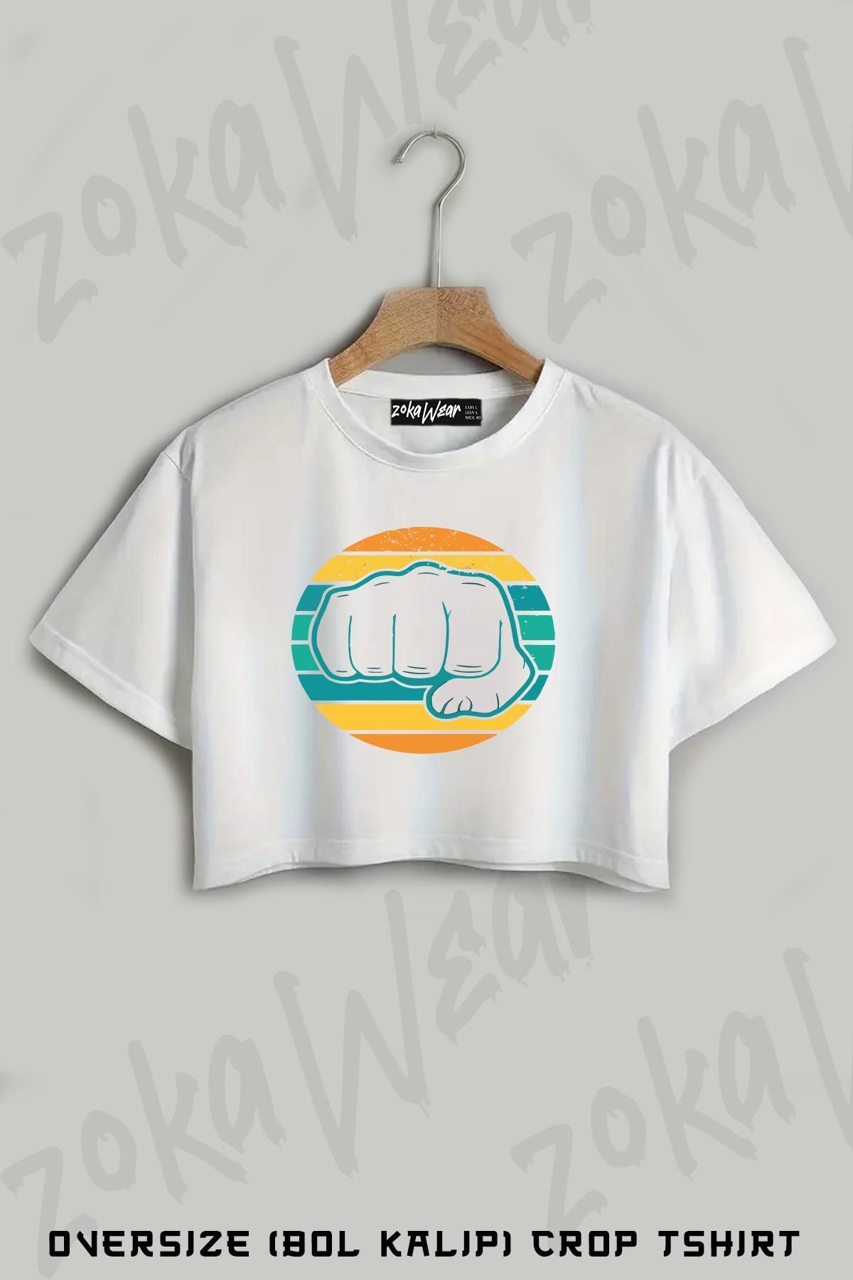 ZOKAWEAR Yumruk İllustrasyon Çizim Baskılı Oversize Crop T-Shirt