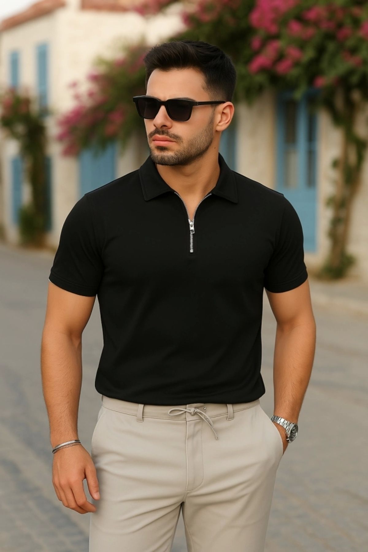 Butik Erkek Kısa Kollu Yakalı önden Fermuarlı Viskon Iki Iplik Bluz