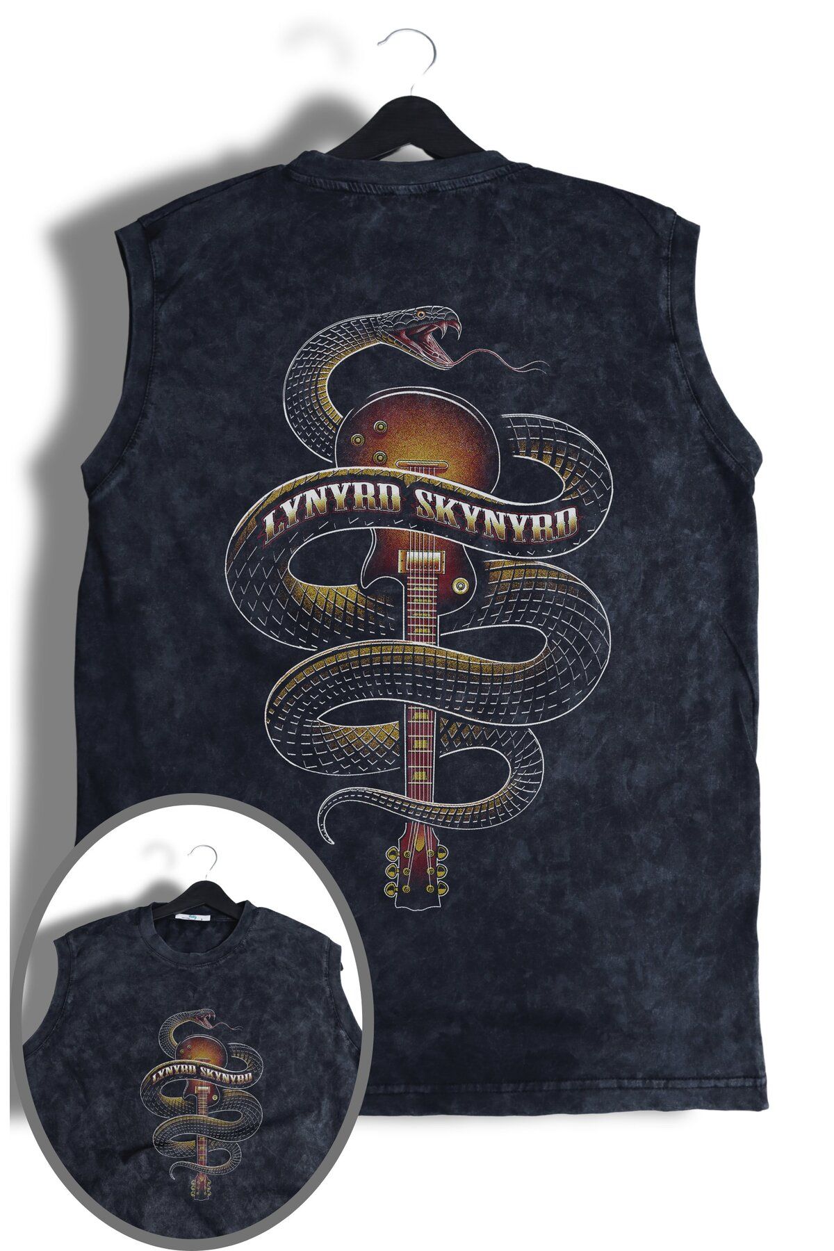 Fuddy Moda Unisex Lynyrd Skynyrd Snake Sırt Baskılı Yıkamalı Bisiklet Yaka Kolsuz Retro Tişört