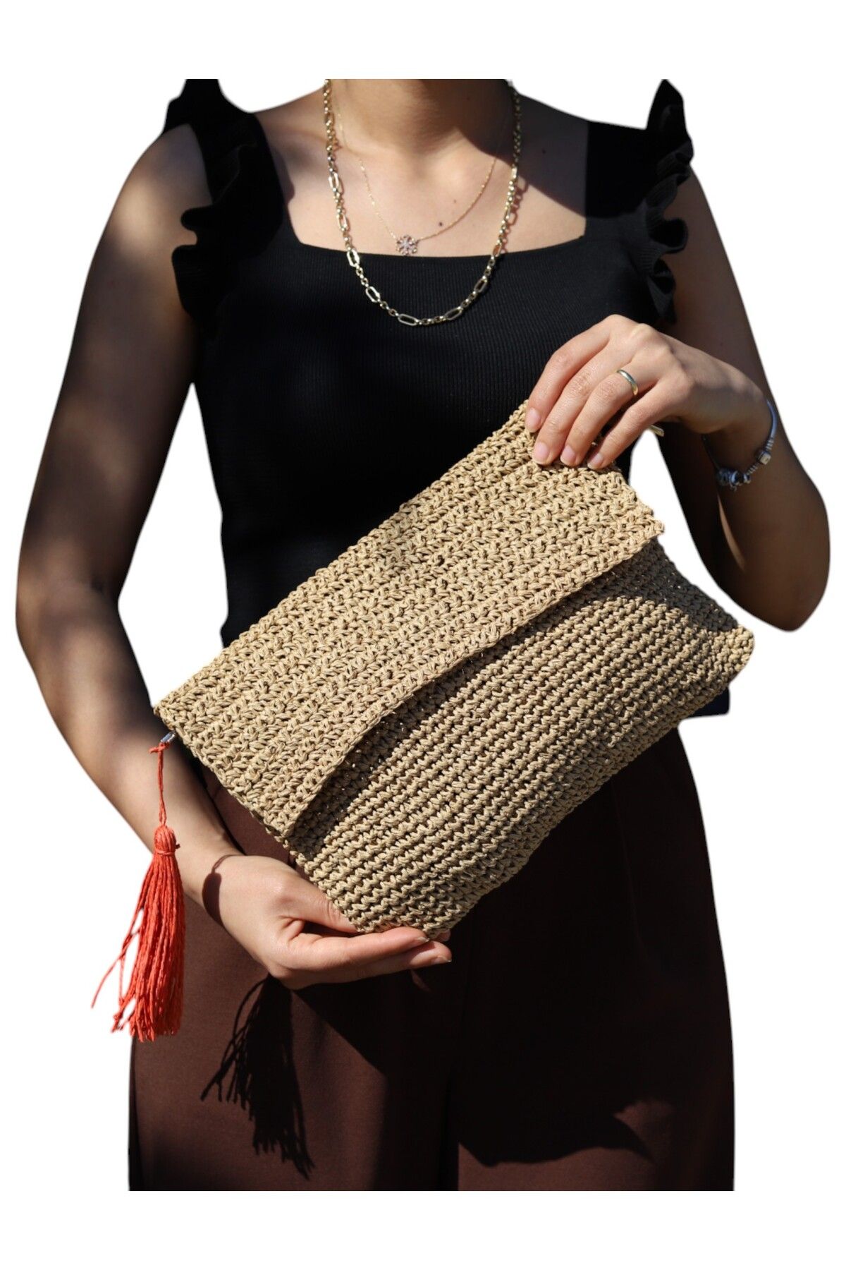 RESEEN RECYCLE Kağıt İplikten Örme El Çantası - Fermuarlı, Polycotton Astarlı, Cepli (28x20 cm)