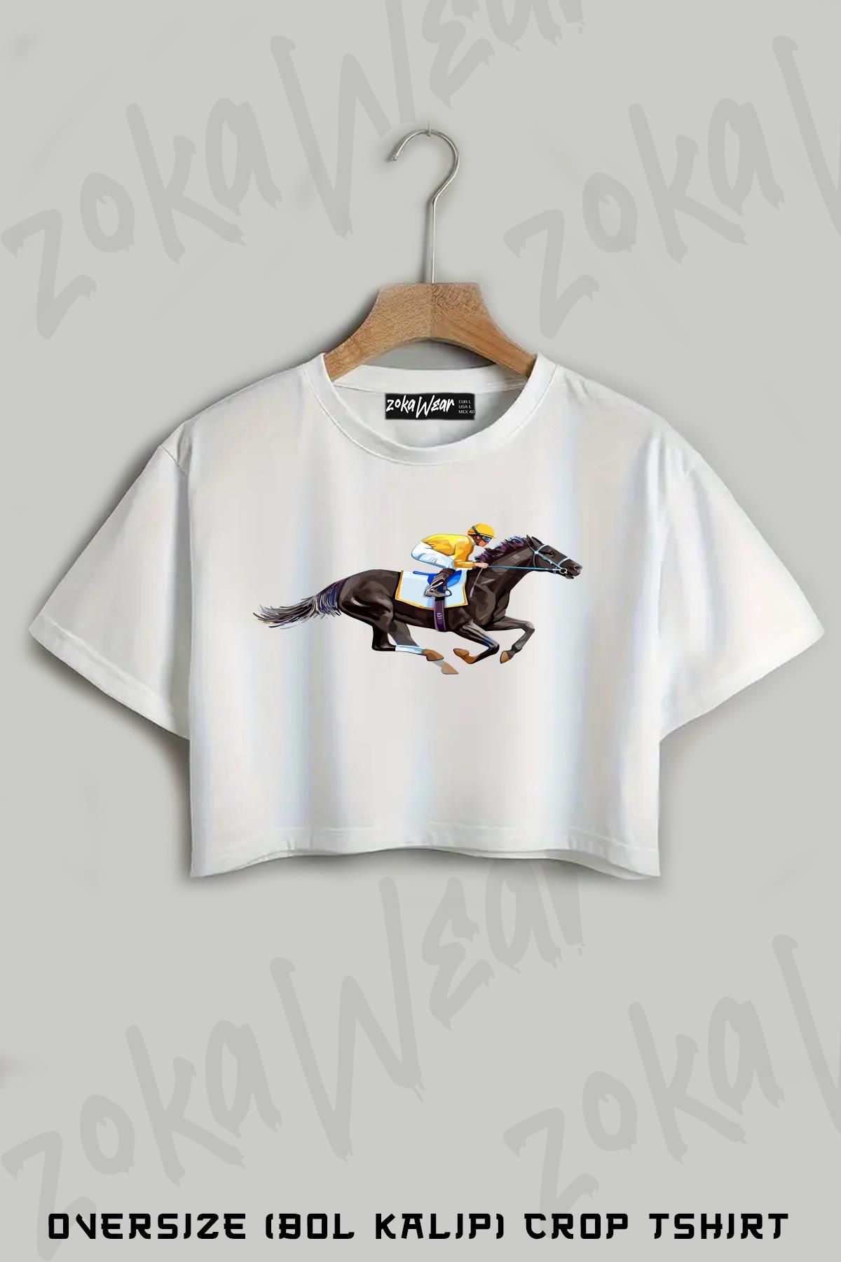 ZOKAWEAR At ve Binici Baskılı Oversize Crop T-Shirt
