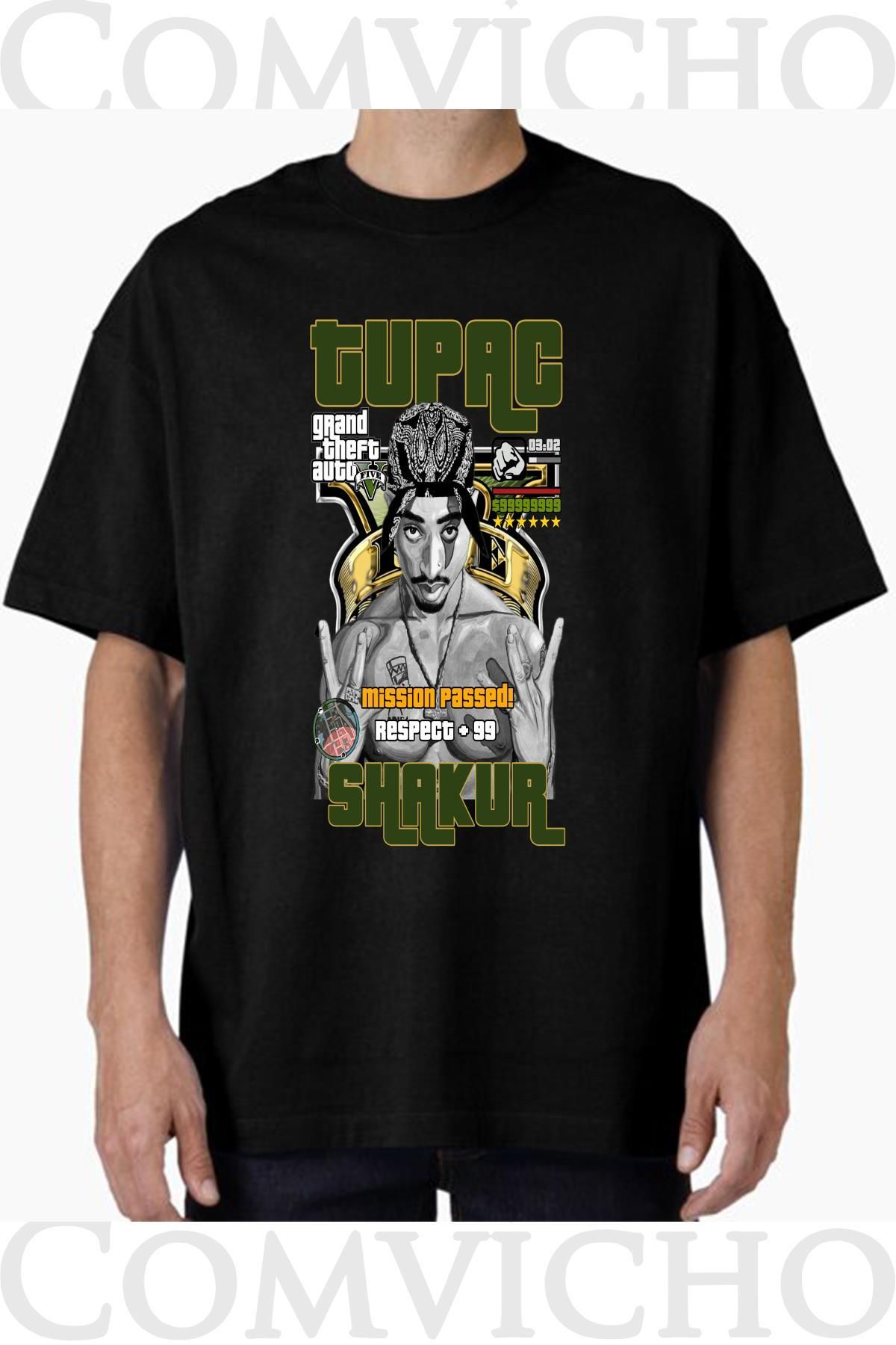 COMVİCHO Unisex tupac v21 Tasarım Baskılı Oversize Tişört