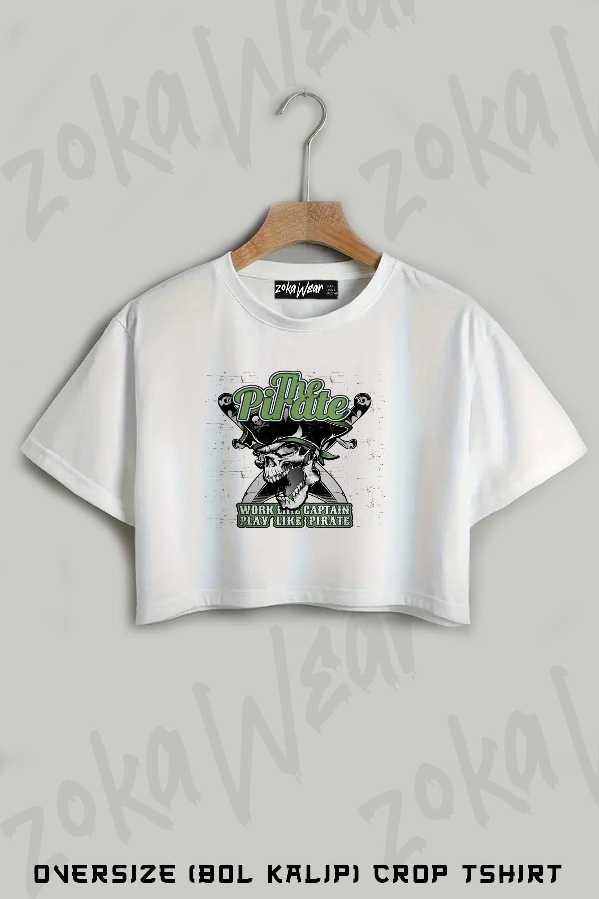 ZOKAWEAR The Pirate Iskelet Korsan Kaptan Baskılı Oversize Crop T-Shirt
