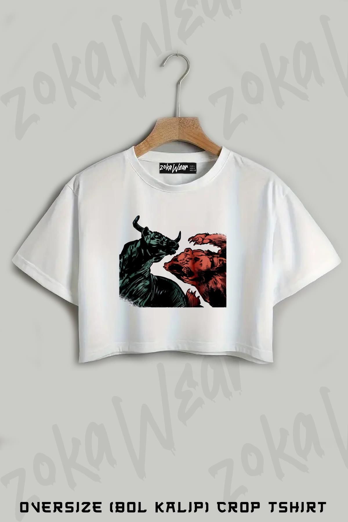 ZOKAWEAR Ayı Boğa Sezonu Coin Ekonomi Borsa Baskılı Oversize Crop T-Shirt