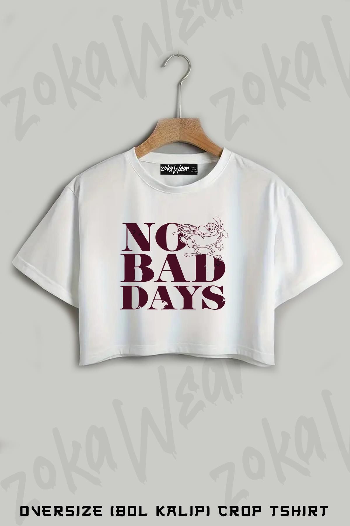 ZOKAWEAR Ren And Stimpy Distressed No Bad Days Baskılı Oversize Crop T-Shirt