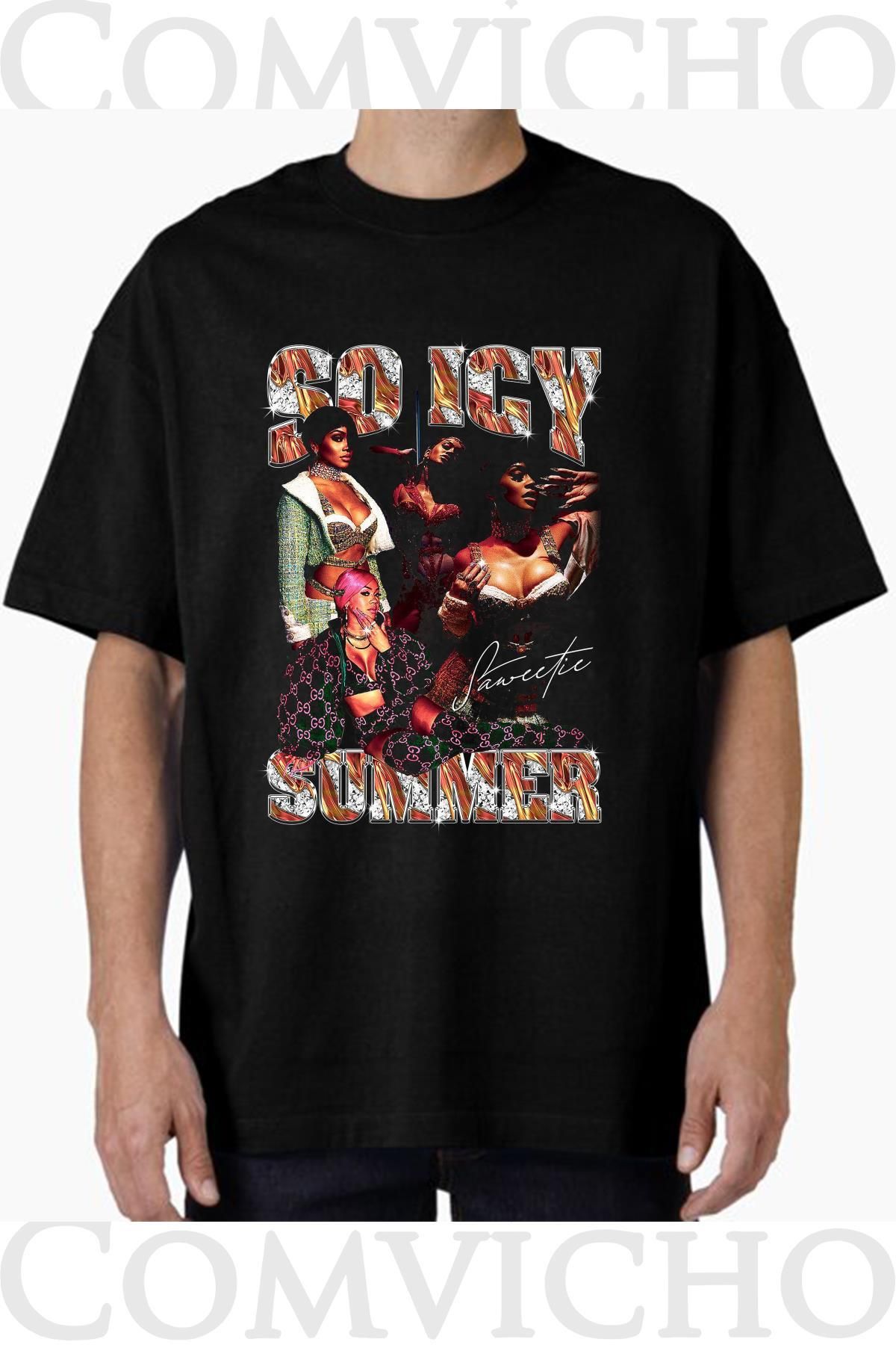COMVİCHO Unisex so ıcy summer v1 Tasarım Baskılı Oversize Tişört