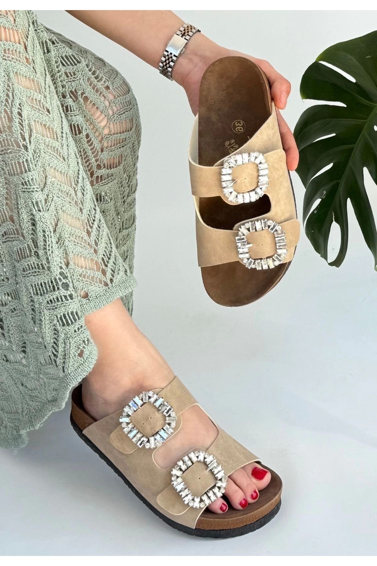 BellevieStore Nool Bej Nubuk Terlik