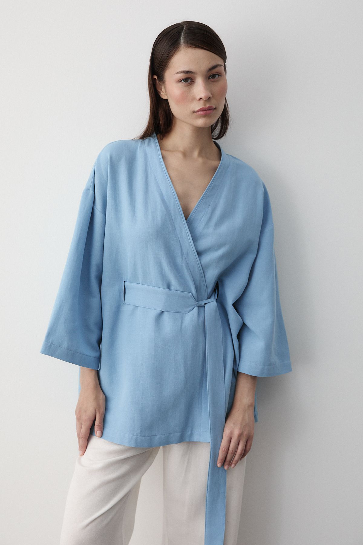 Laluvia Mavi Iç Kemerli Kimono - 5383