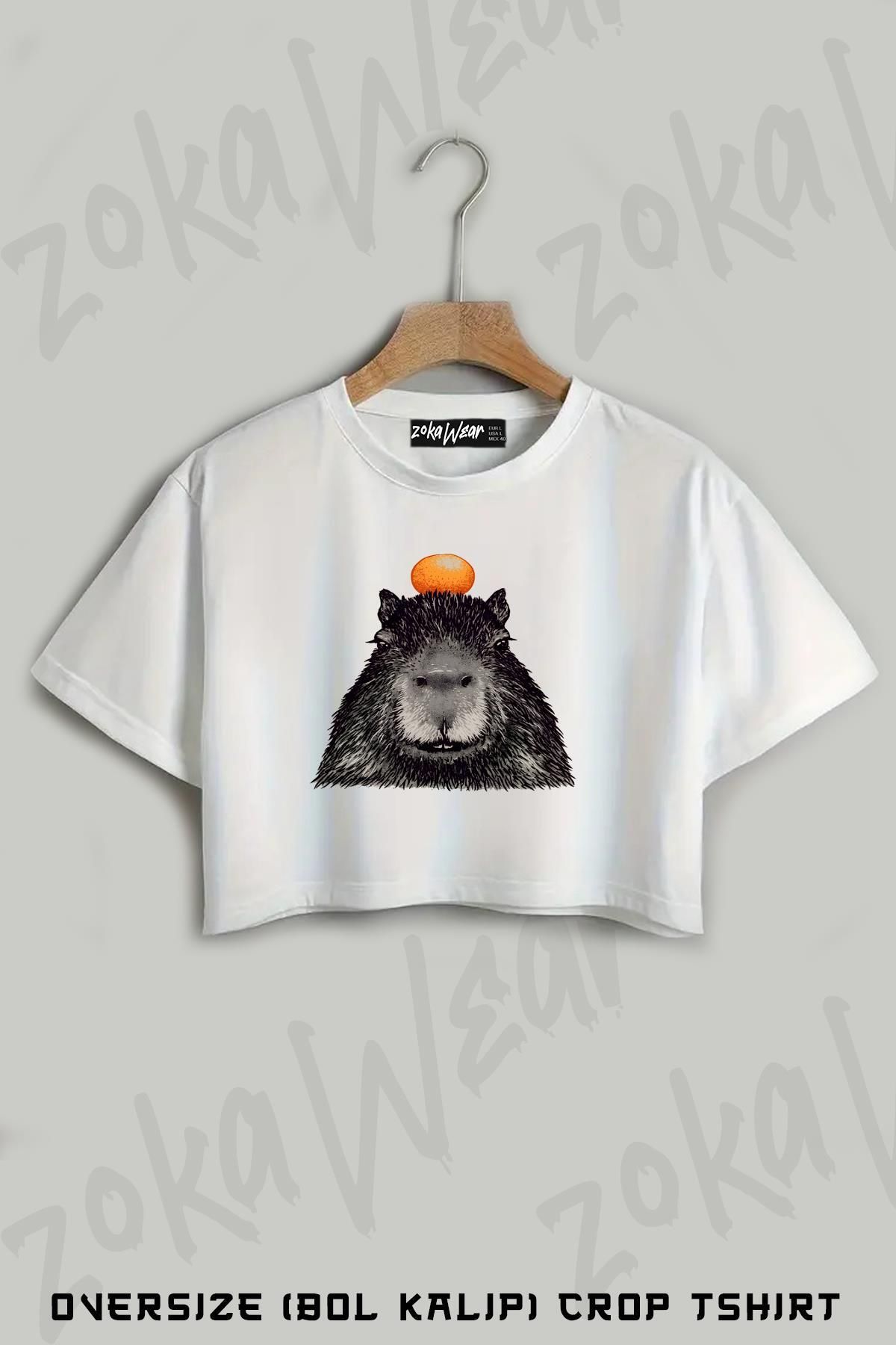 ZOKAWEAR Capybara Orange With Baskılı Oversize Crop T-Shirt