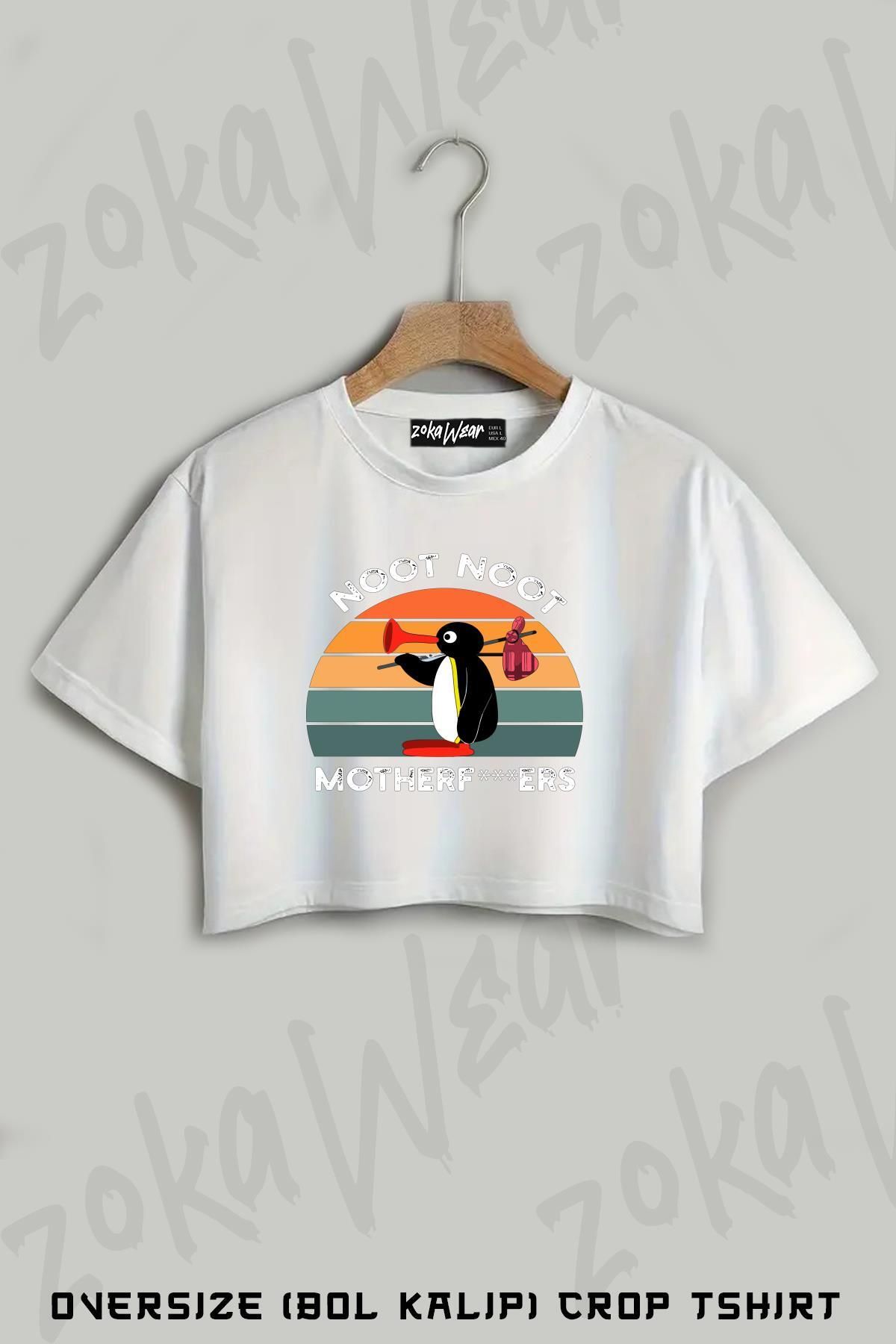 ZOKAWEAR Motherf Pingu Shirt Pingu Baskılı Oversize Crop T-Shirt