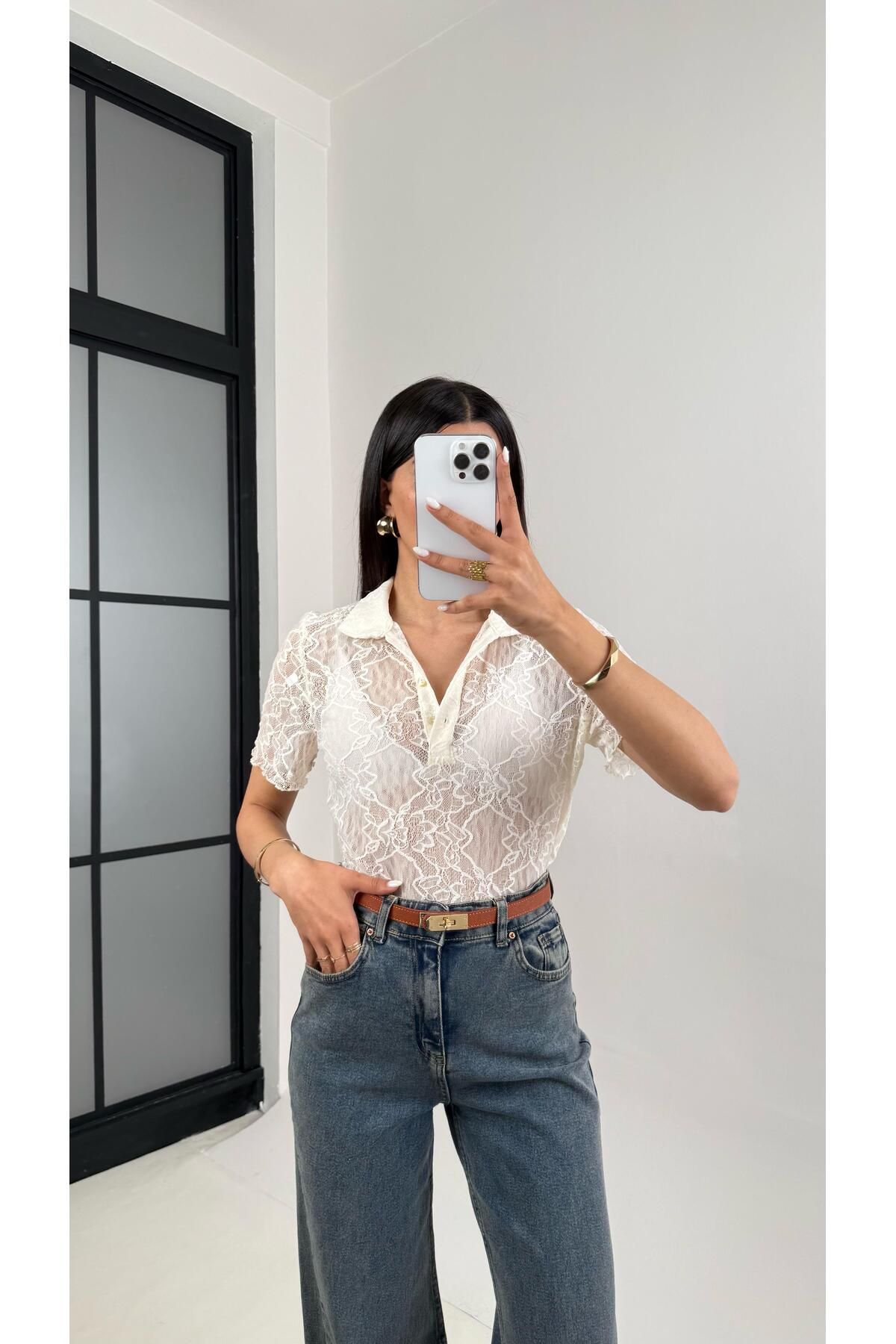 Gaus Beyaz Polo Yaka Dantelli Transparan Bluz Gaus00448