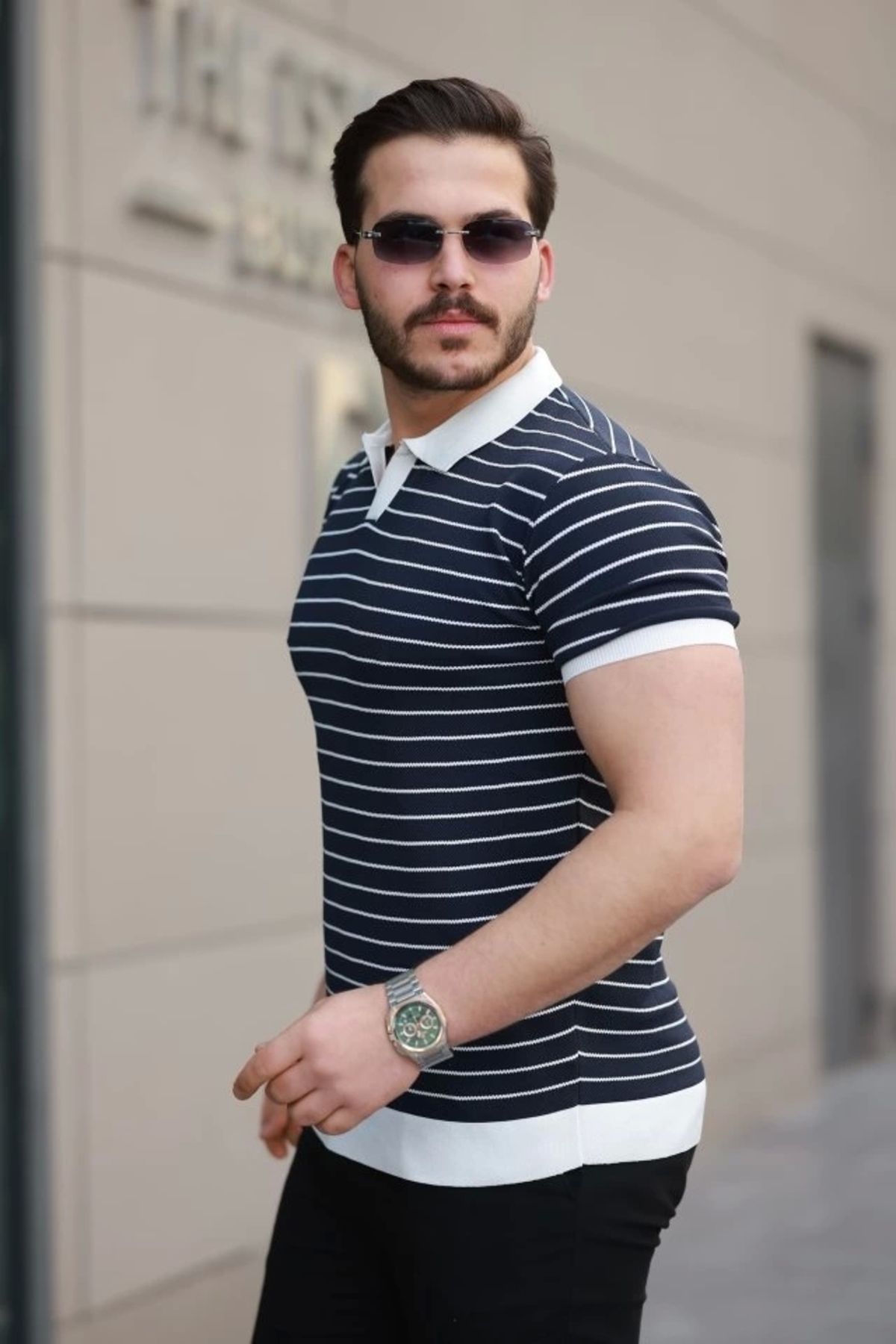 Butik Erkek Kısa Kollu çizgi Desenli örme Kumaş Tshirt