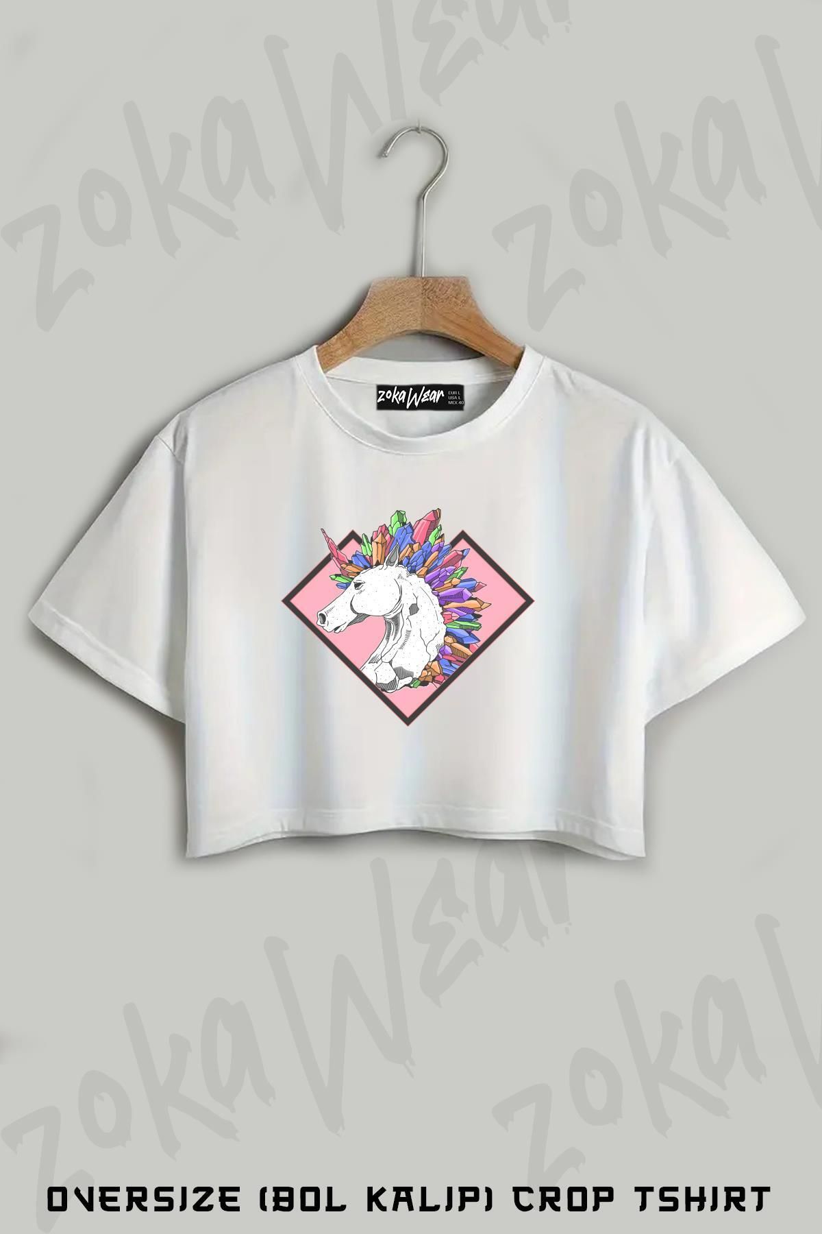 ZOKAWEAR Renkli At Baskılı Oversize Crop T-Shirt