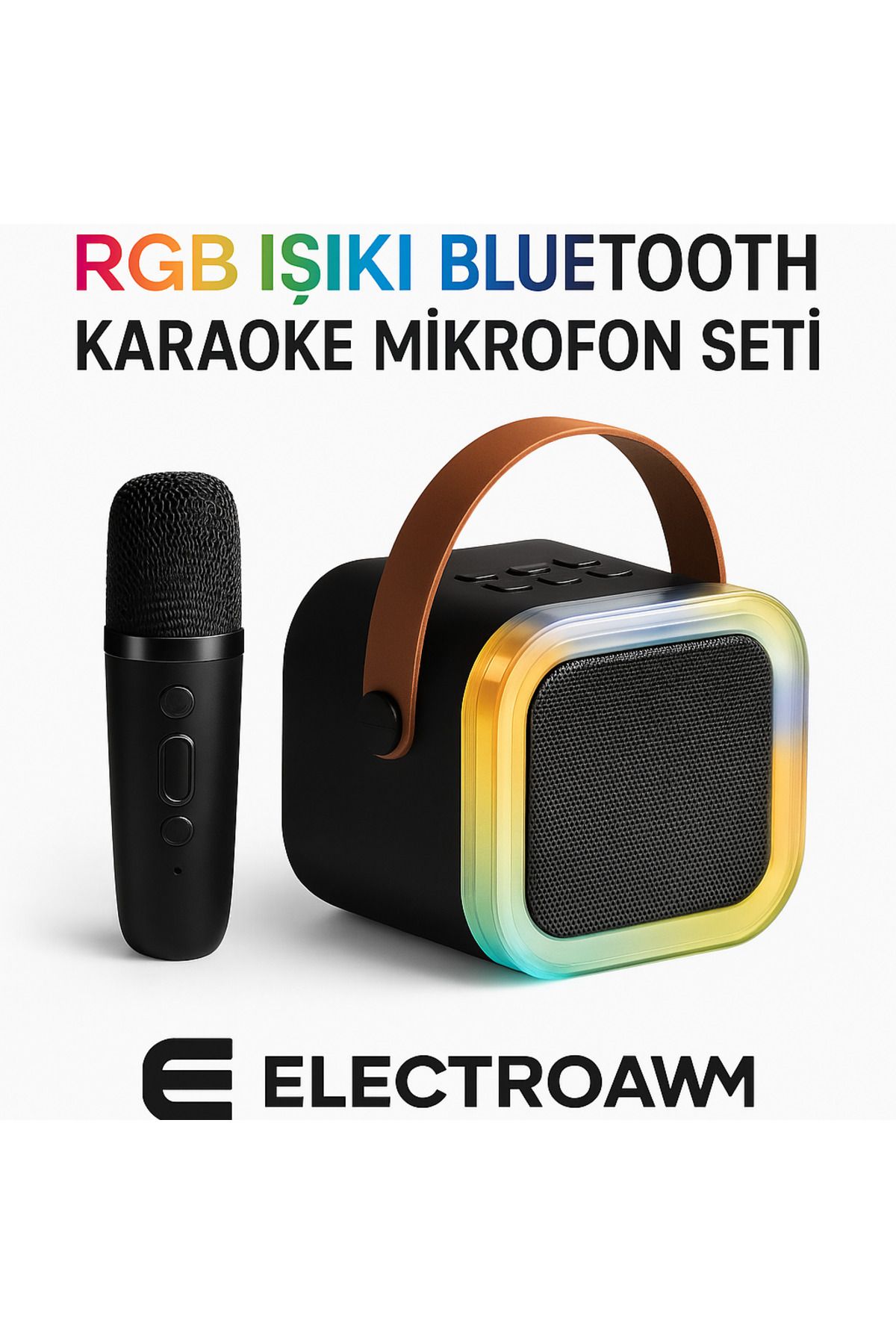 electroawm Bluetooth Işıklı Karaoke Hoparlör ve Mikrofon Seti - Taşınabilir RGB Ses Sistemi