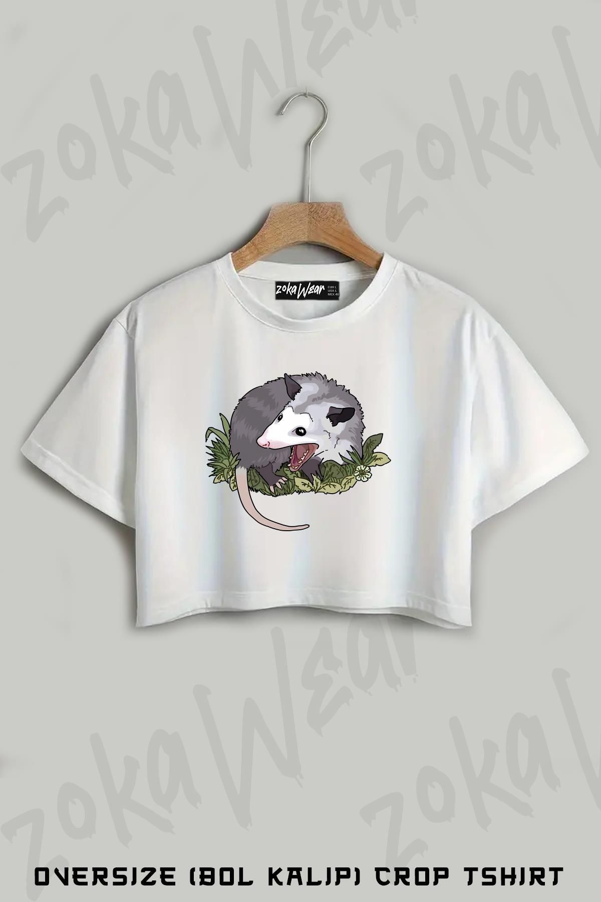 ZOKAWEAR Screaming Possum Baskılı Oversize Crop T-Shirt