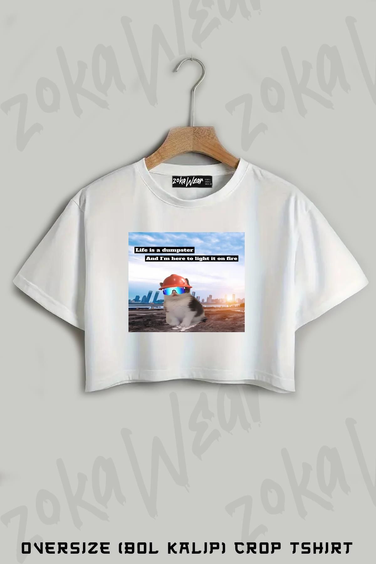 ZOKAWEAR Beans Dumpster Fire Baskılı Oversize Crop T-Shirt