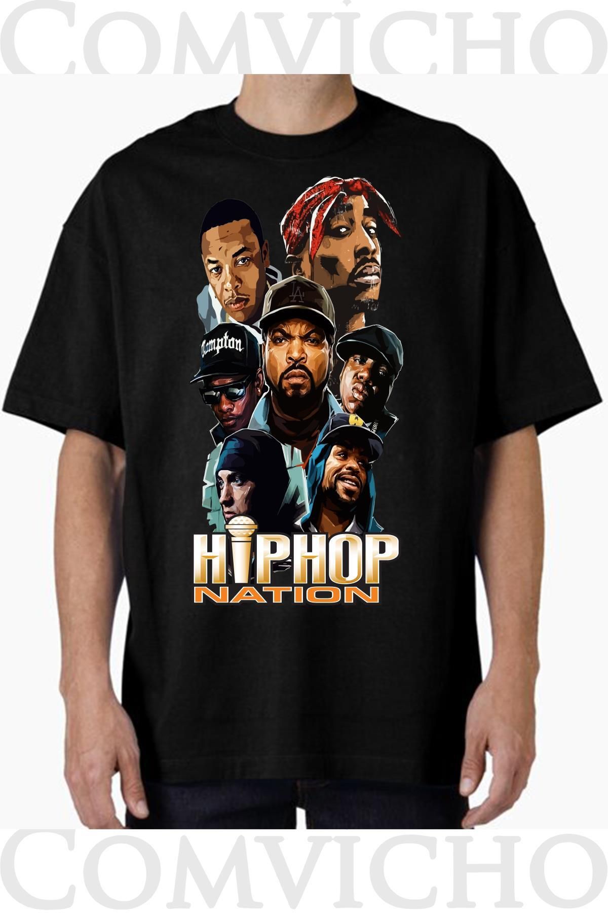 COMVİCHO Unisex hıphop natıon Tasarım Baskılı Oversize Tişört