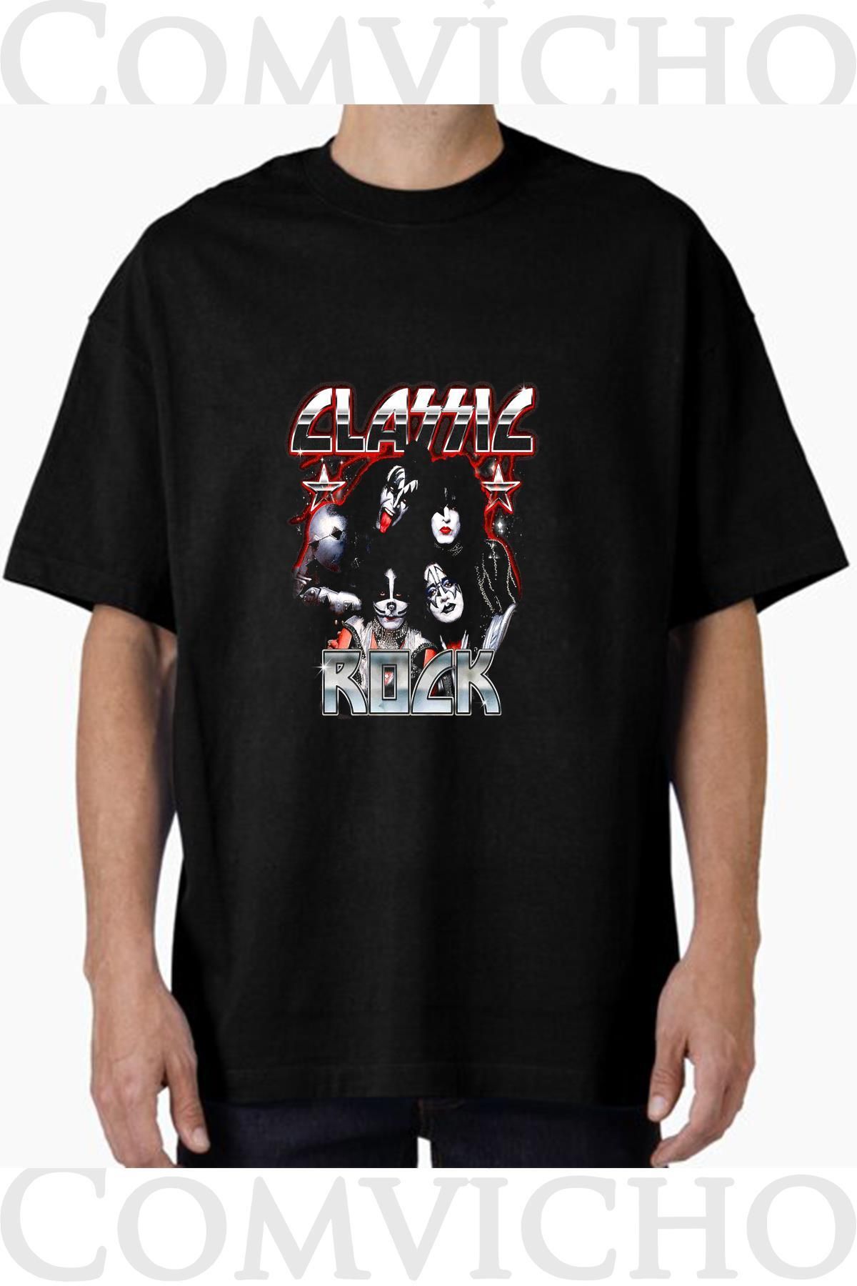 COMVİCHO Unisex classıc rock v1 Tasarım Baskılı Oversize Tişört