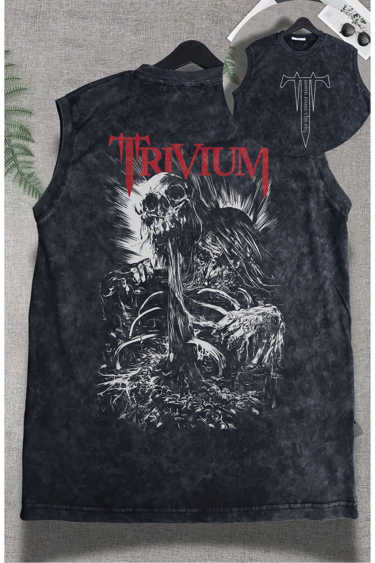 Fuddy Moda Trivium Sırt Baskılı Yıkamalı Kolsuz Tişört, Unisex Rock Band Temalı Sıfır Kollu Vintage Atlet