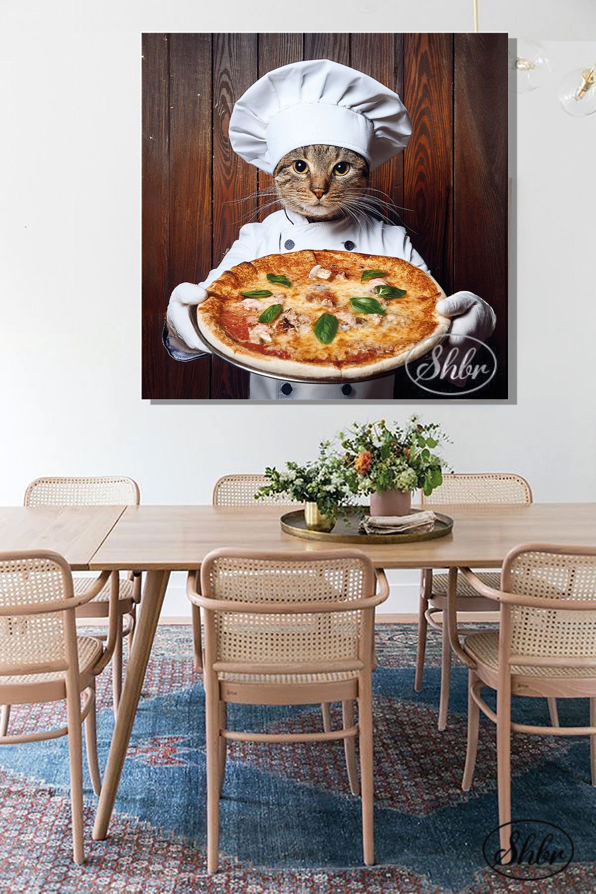 Şehber Tekli Kare Kanvas Dekoratif Duvar Tablosu , Pizzacı kedi,