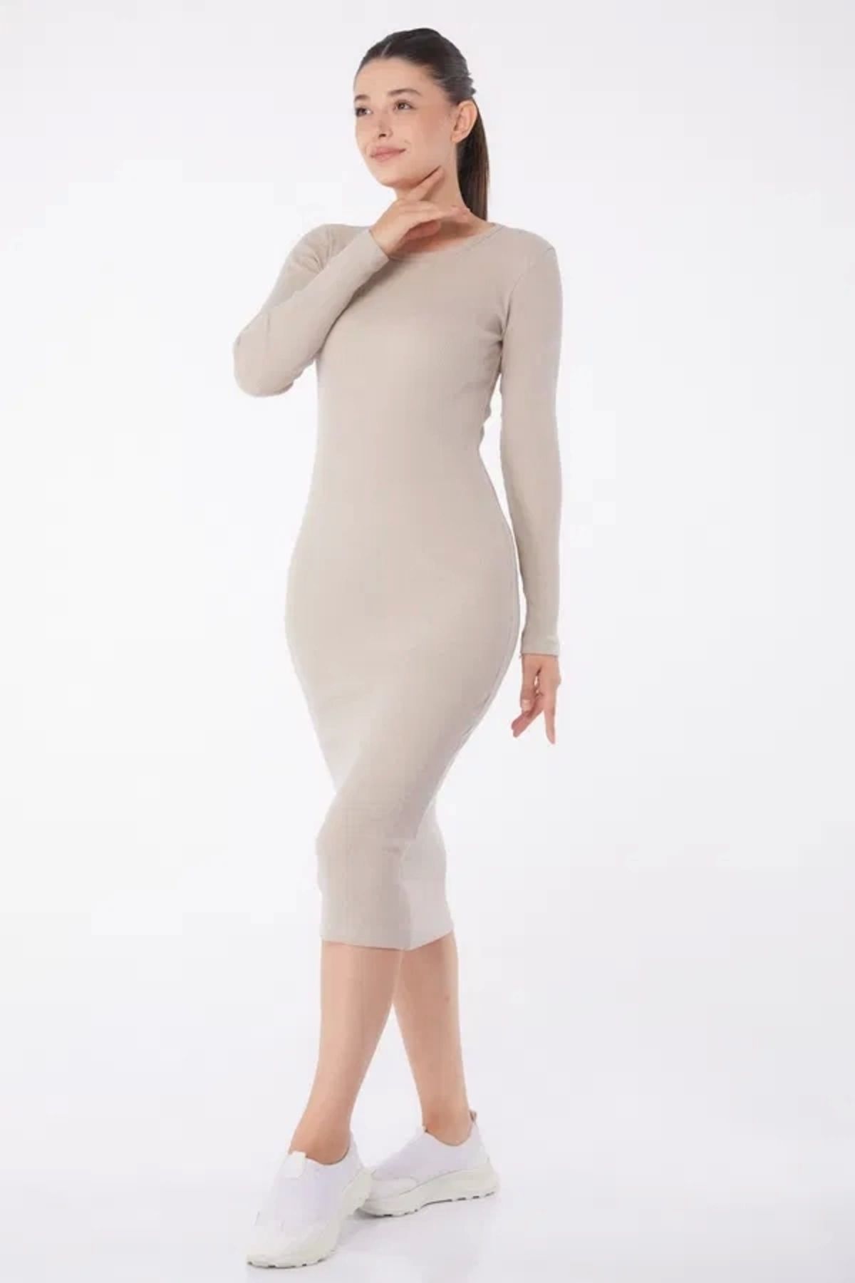 BellevieStore Düz Bisiklet Yaka Kadın Midi Elbise