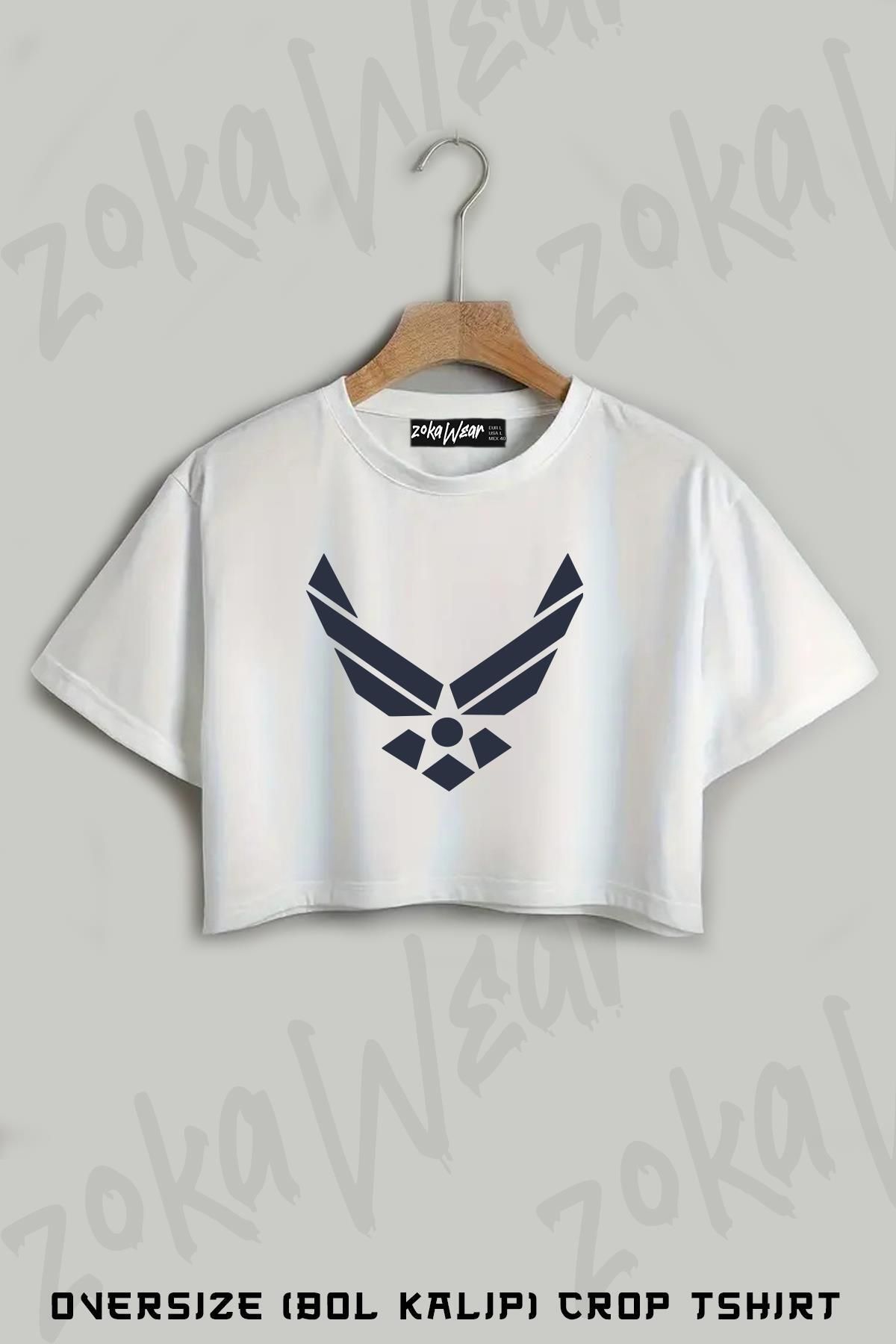 ZOKAWEAR United States Air Force Logo Baskılı Oversize Crop T-Shirt