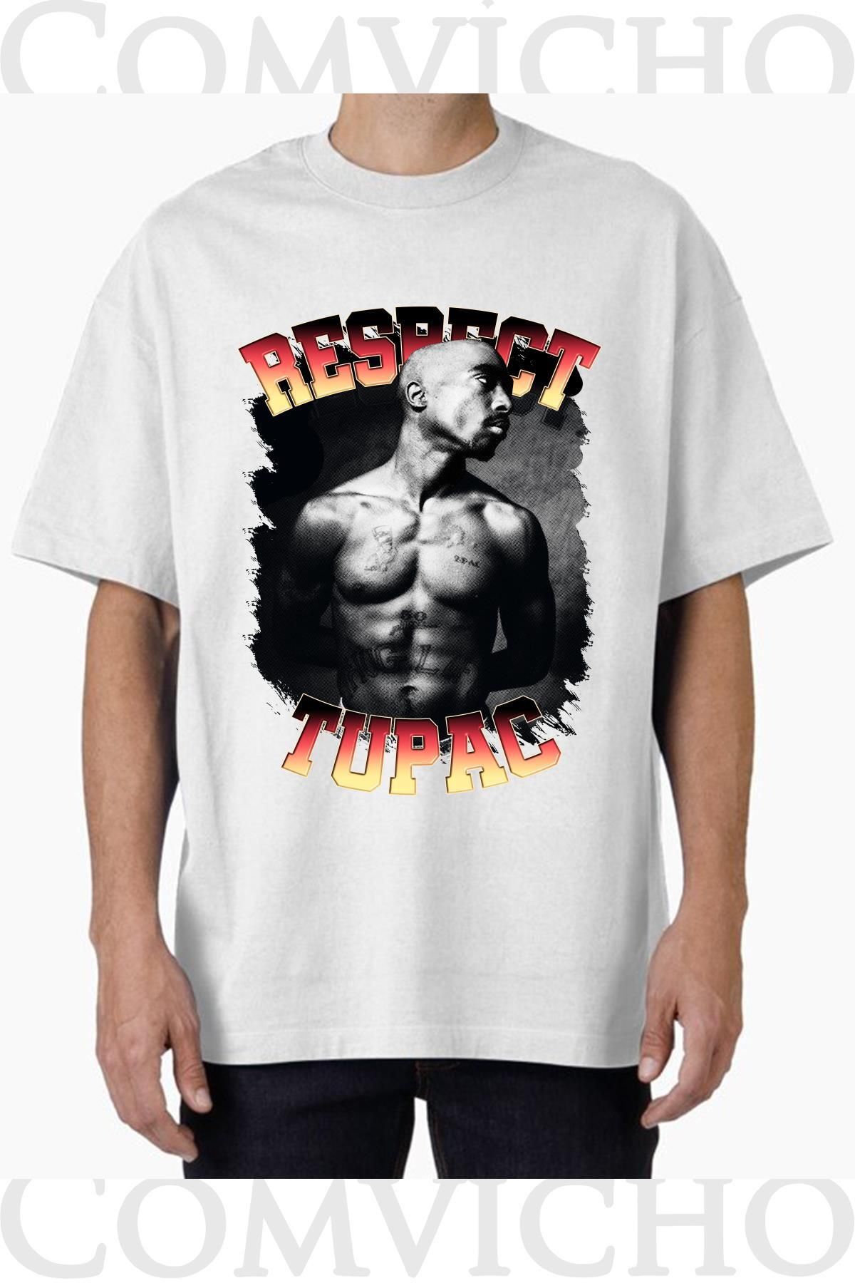 COMVİCHO Unisex tupac v19 Tasarım Baskılı Oversize Tişört