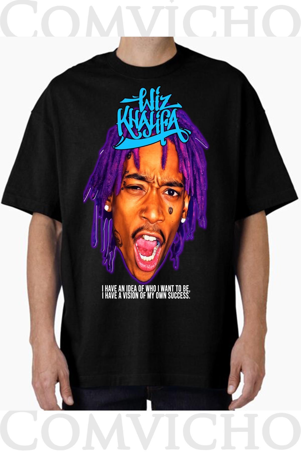 COMVİCHO Unisex wiz khalifa v3 Tasarım Baskılı Oversize Tişört