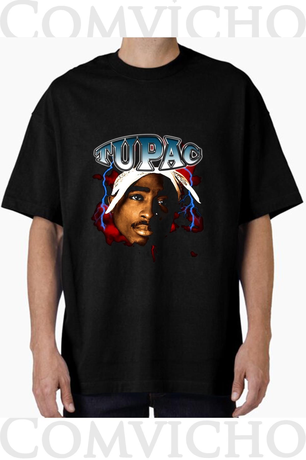 COMVİCHO Unisex tupac v11 Tasarım Baskılı Oversize Tişört