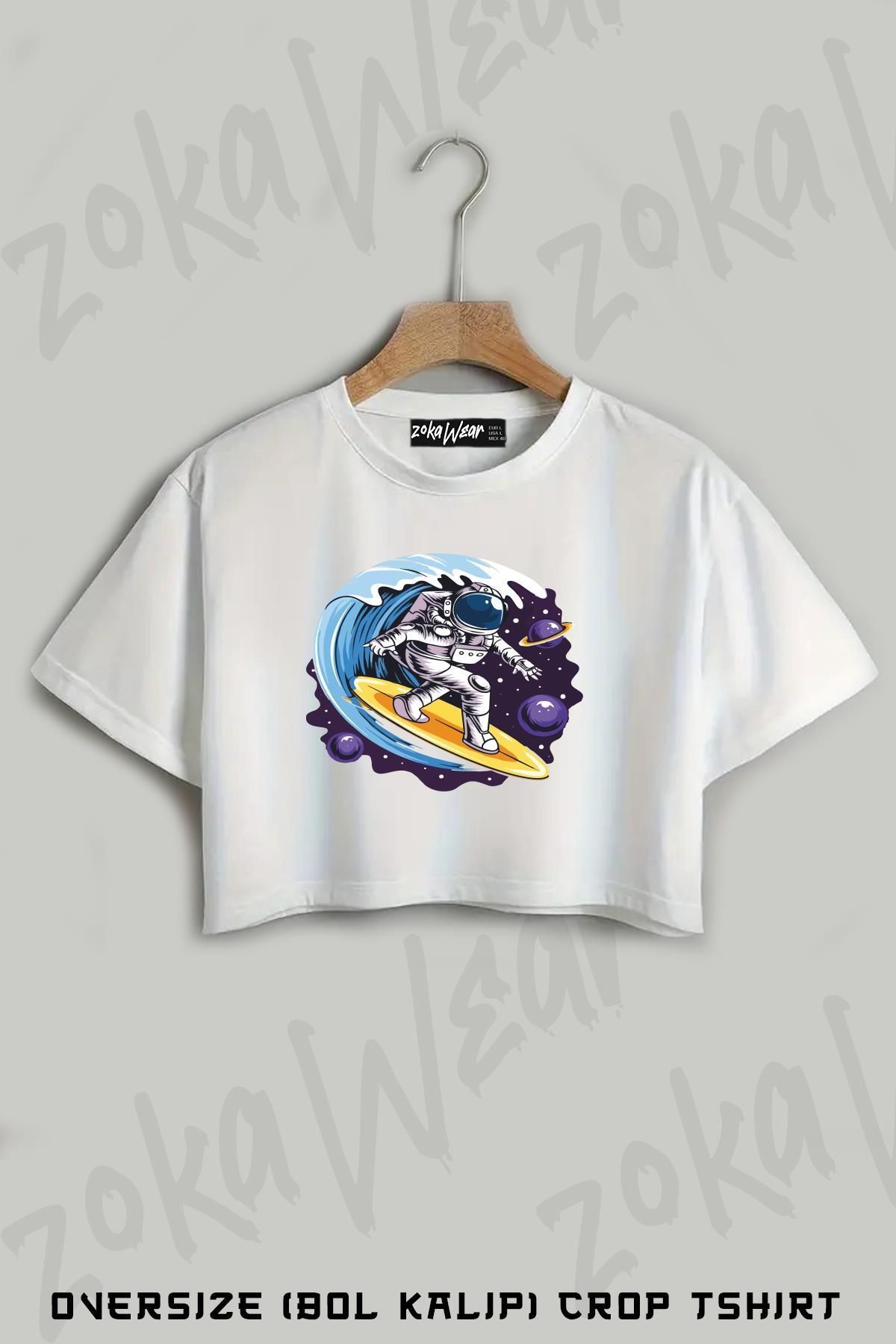 ZOKAWEAR Uzay Astronot Dünya Baskılı Oversize Crop T-Shirt