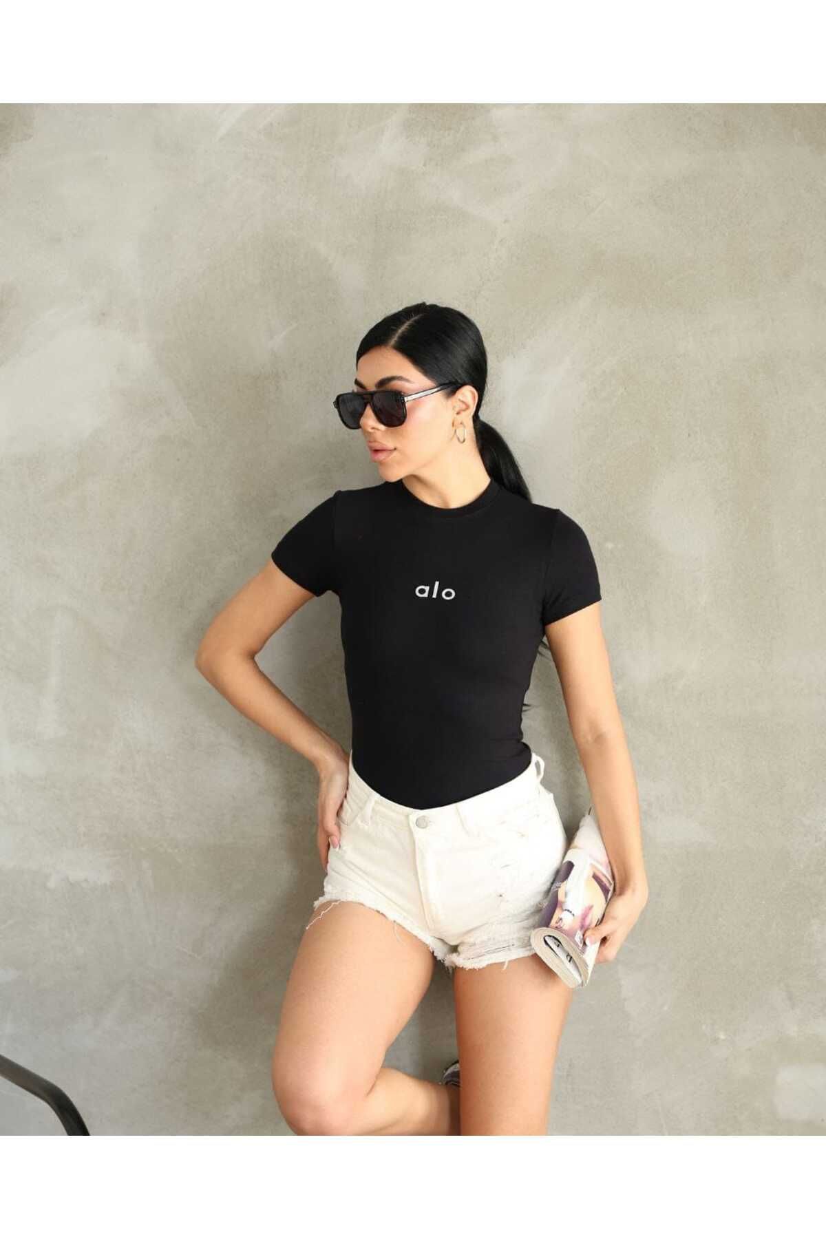 Zeliza Moda Evi Al@ Kabartmalı Basic Siyah Kadın T-shirt Body