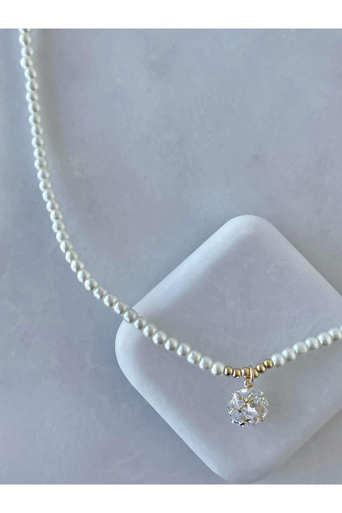 Seda Bijuteri Kristal Top Sallantılı İnci Kolye Gold