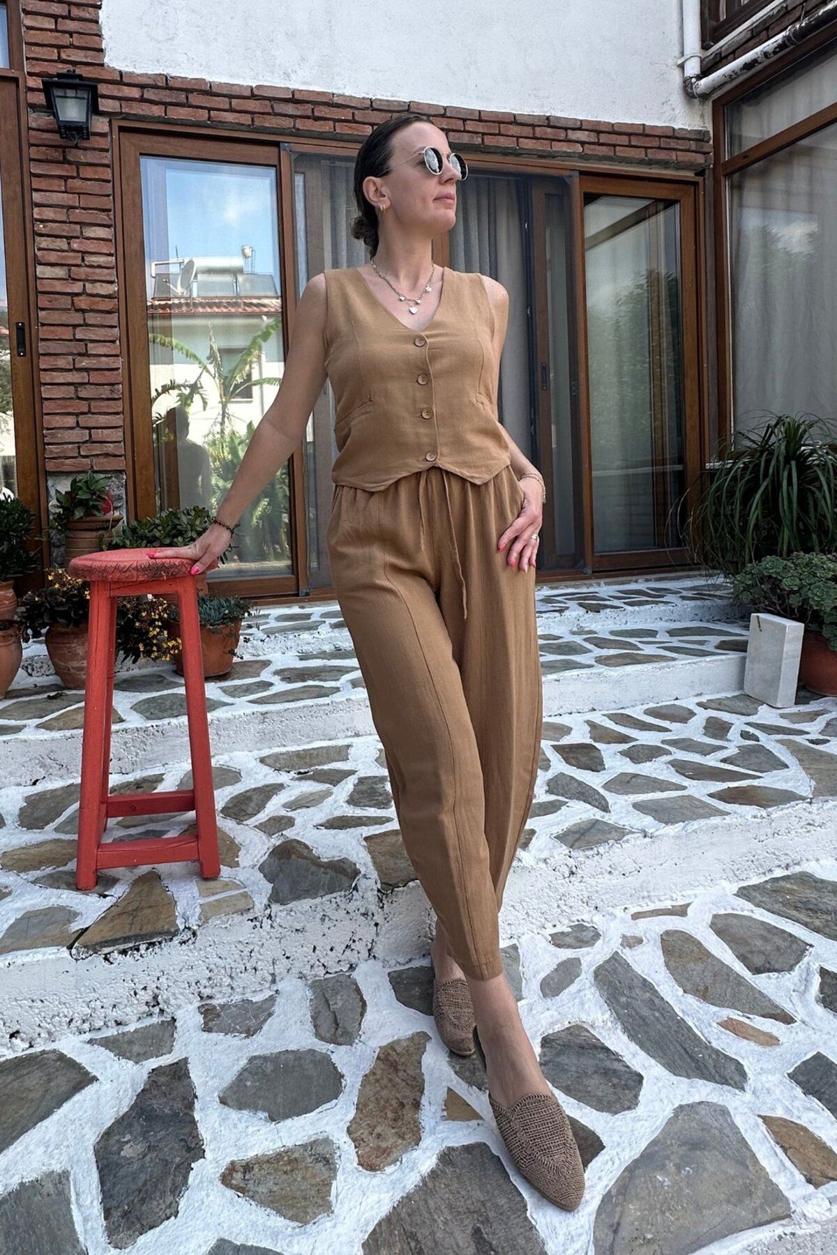 lady special Keten Yelek Pantolon Takım