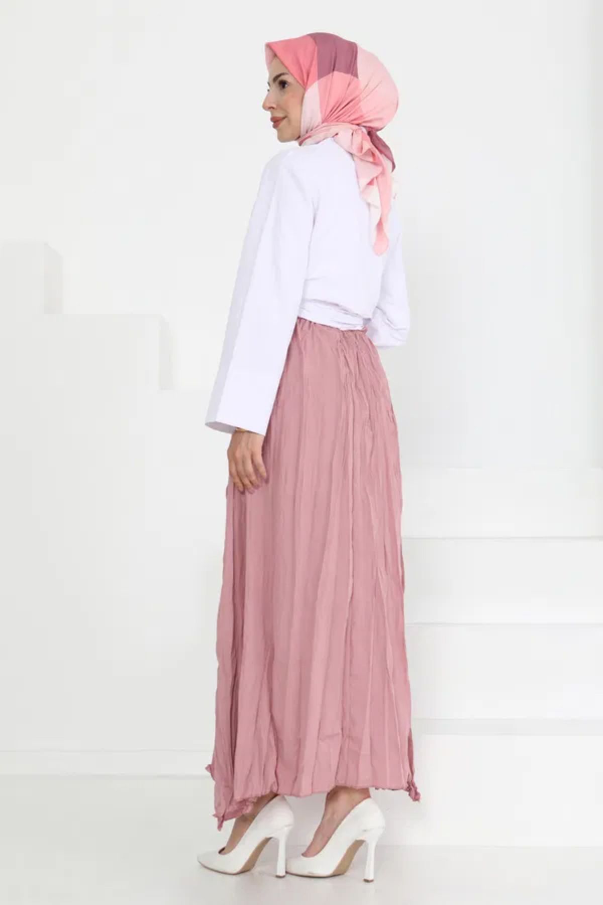 Butik Beli Lastikli Kırışık Etek